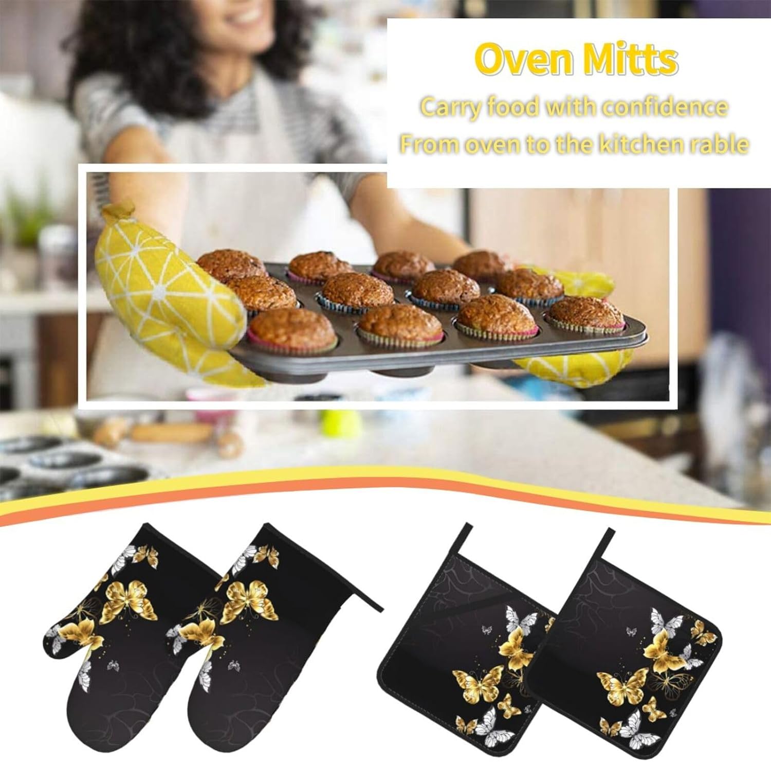 Gold White Butterflies Black Oven Mitts and Pot Holders Set of 4 - Heat Resistant Kitchen Gloves - Cute Oven Mitts and Hot Pads for Cooking Baking, Grilling
