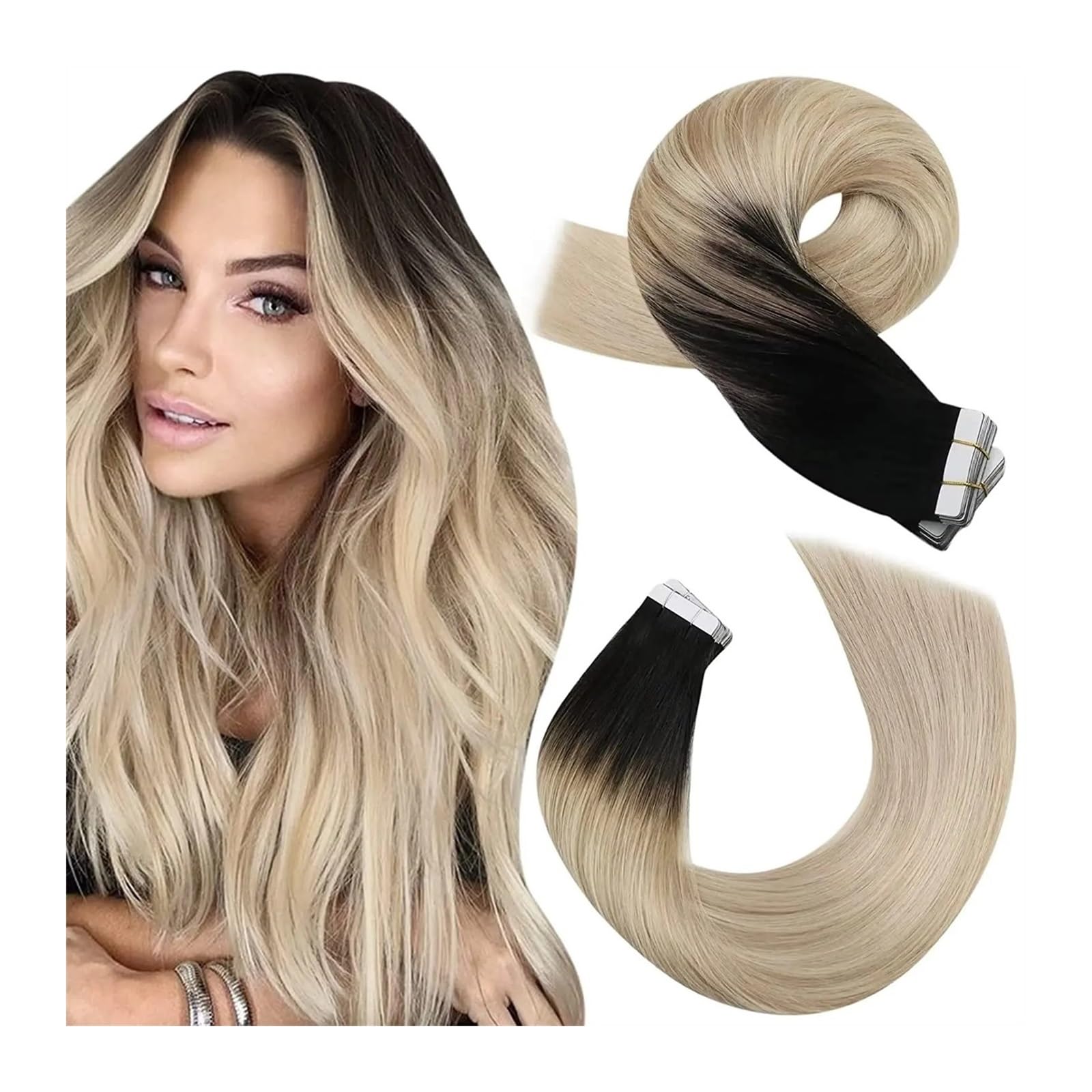 Kobiety Blond Przedłużanie Włosów Ludzkich Włosów Czarny Ombre na Popiół Mix Z Platinum Blond Wstążka Remy Prosta Taśma W 12-24 cal Przedłużanie Włosów(40 szt,24 Inchy)