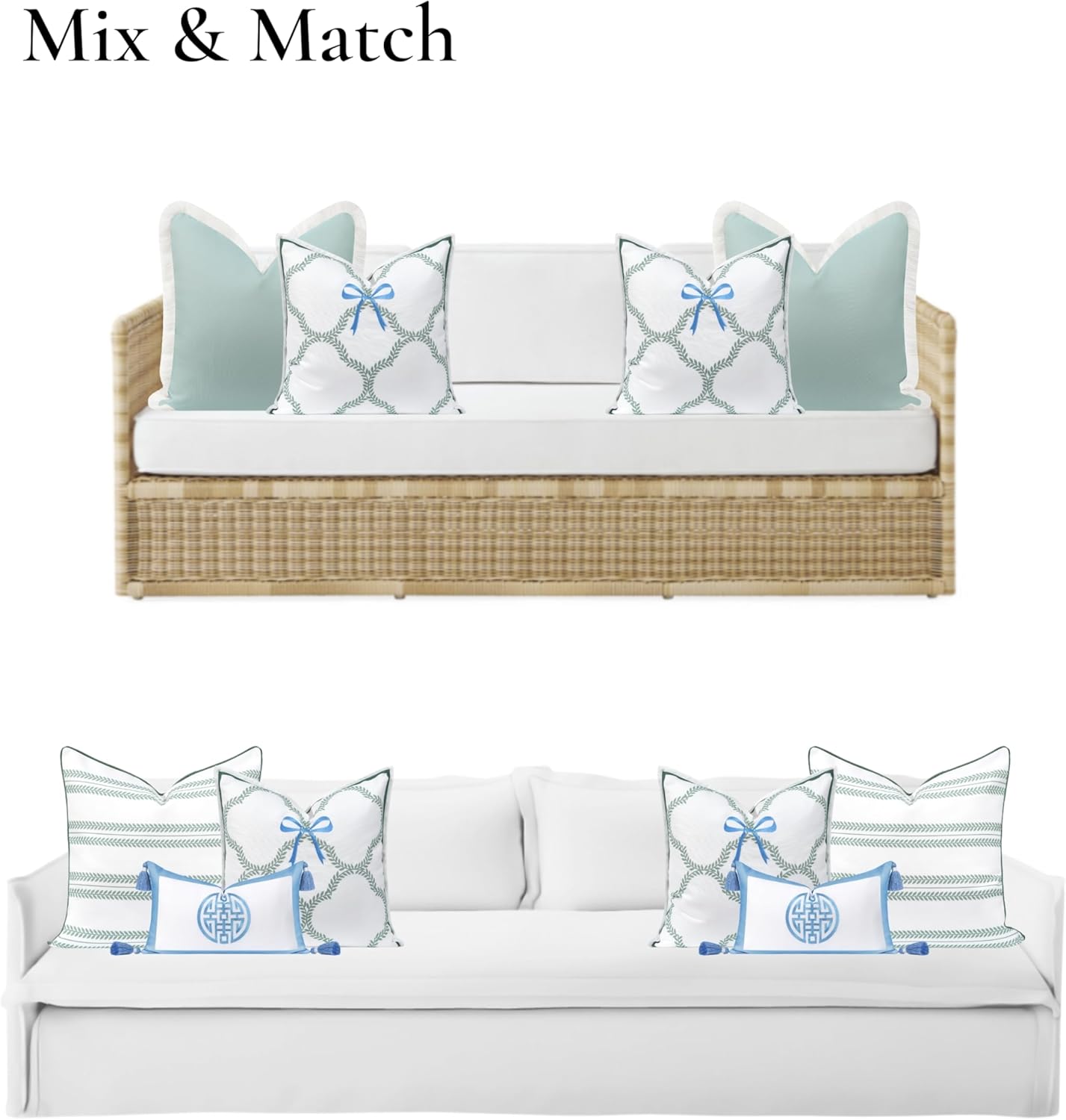Hofdeco Premium Coastal Grandmillennial Patio Indoor Outdoor Throw Pillow Cover Only, 20"x20" Water Repellent for Backyard, Couch, Poolside, Celadon Baby Blue Embroidered Ribbon Bow Tie on Leaves