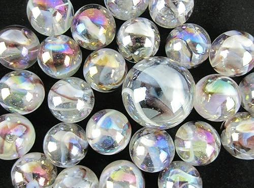 Miniatura 2 de ~25 canicas de vidrio con forma de oso polar iridiscente transparente/marrón/remolino blanco, paquete de juego de estilo clásico (24 jugadores, 1