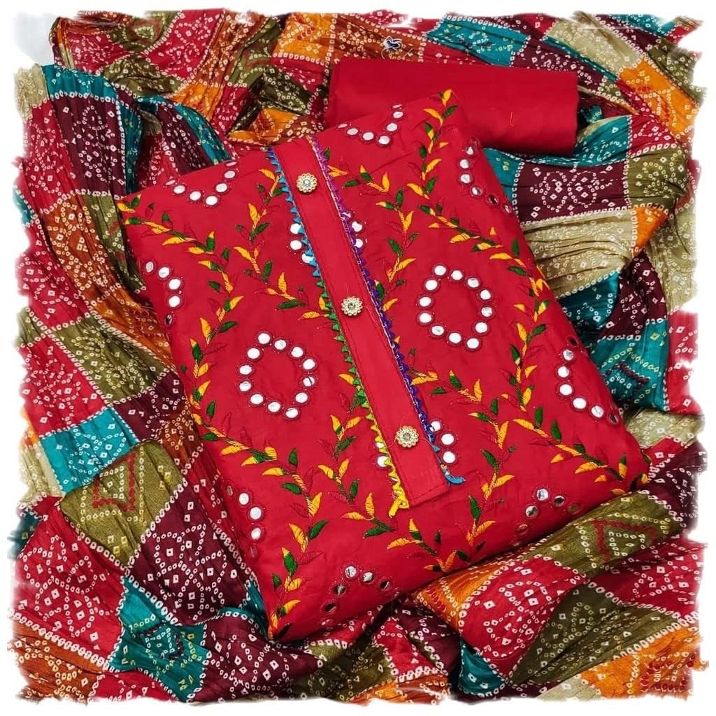 stylescope Women's Cotton Blend Embroidery Work Unstitched Salwar Suit Dress Material With Bandhej/Bandhani Print Dupatta (DM Mirror Red_Red_Free Size)-picture-23