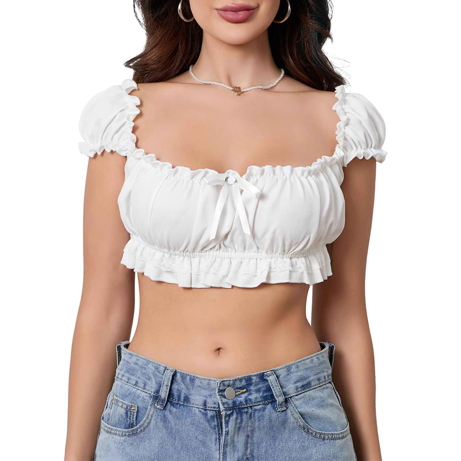 Women Cute Ruffle Top Cap Sleeve Square Neck Off The Shoulder Crop Top Summer Going Out Tees