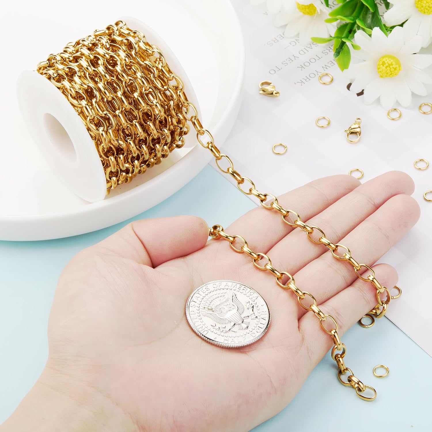 Kyutong 5 Meters Gold Plated Jewelry Making Chains on Spool Stainless Steel Chains Bulk Circle Rolo Chain with Jewelry Clasps Finding Jewelry Making Supplies - Image 5