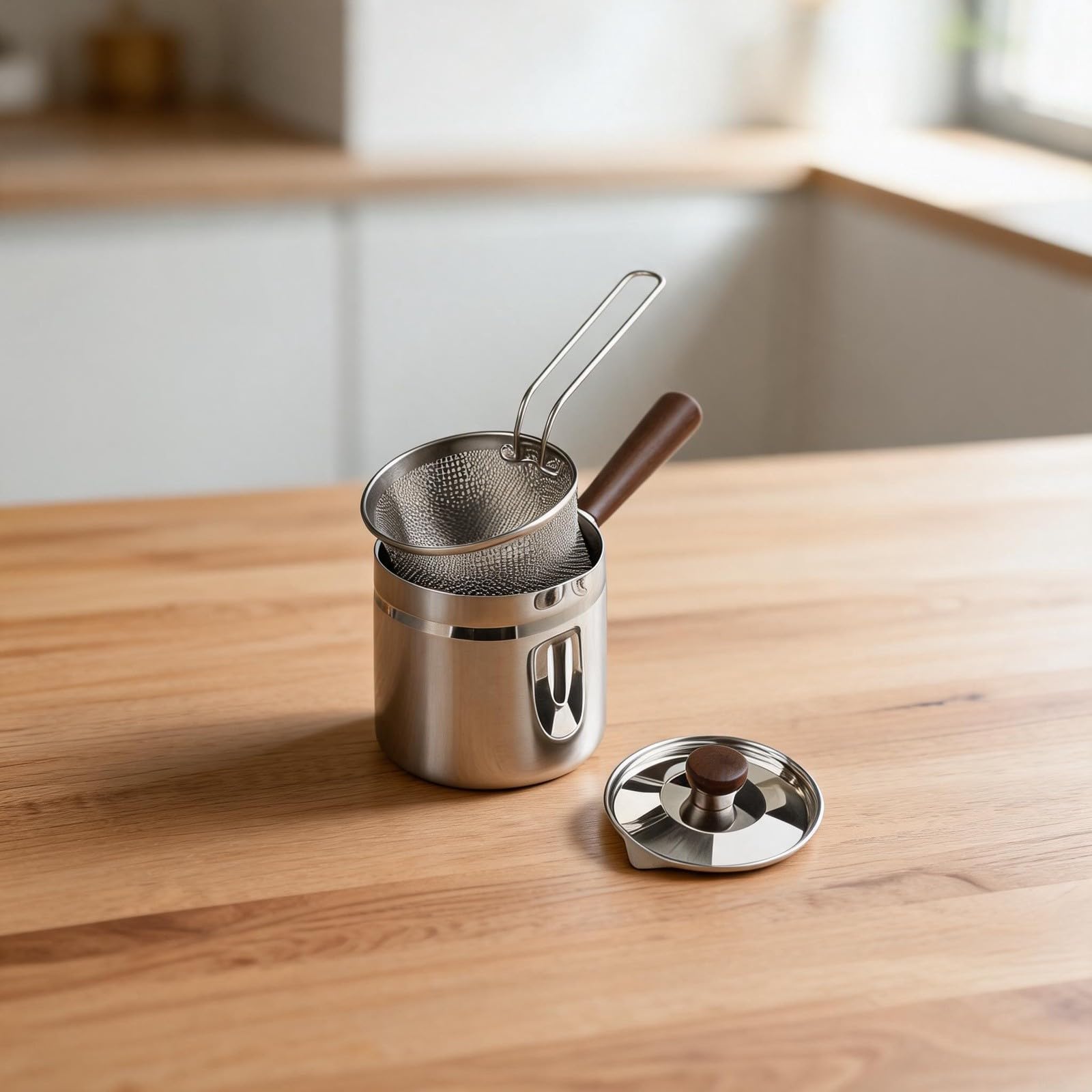 Freidora de para acero Inoxidable 304 con Mango de Nogal y Cesta 1.5L para Cocina Gas e Inducción Utensilio (A-2)