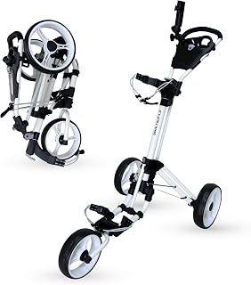3-Wheel Golf Push Cart with Foot Brake – 1-Second Fold & Unfold Trolley, Lightweight Aluminum Frame, Adjustable Handle, Smooth Ball-Bearing Wheels, Umbrella Holder & Storage