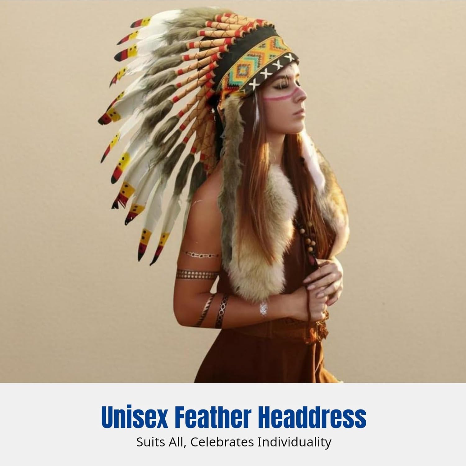 Colaxi Indian Artificial Feather Headdress, American Chief Indian Native Hat, Indian Headwear for Men and Women