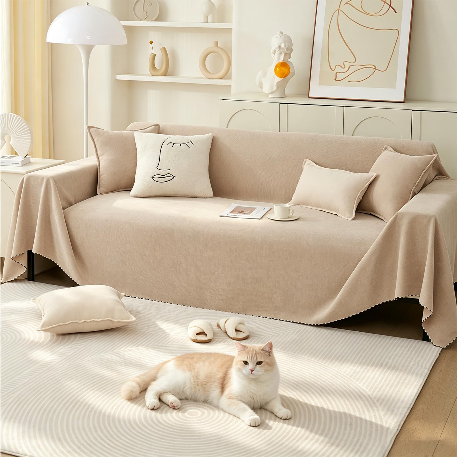 PETCUTE Fundas de Sofa, Protector Funda Sofa Cómodo y Suave, Fundas Sofá 1/2/3 Plazas,Universal, Reversible,Funda Sofas Gatos y Perros Mascotas,Cubierta Protectora de Sofá,Té con Leche,180 * 420cm