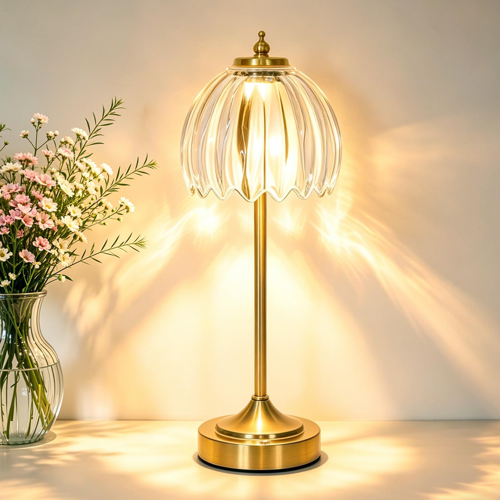 Vloitgol Rechargeable Table Lamp Retro With Flower Glass Lampshade, LED Desk Lamp Battery Operated, 5000mAh, Dimmable, Cordless Touch Reading Vintage Table Lamps for Bedroom Living Room Bedside, Clear