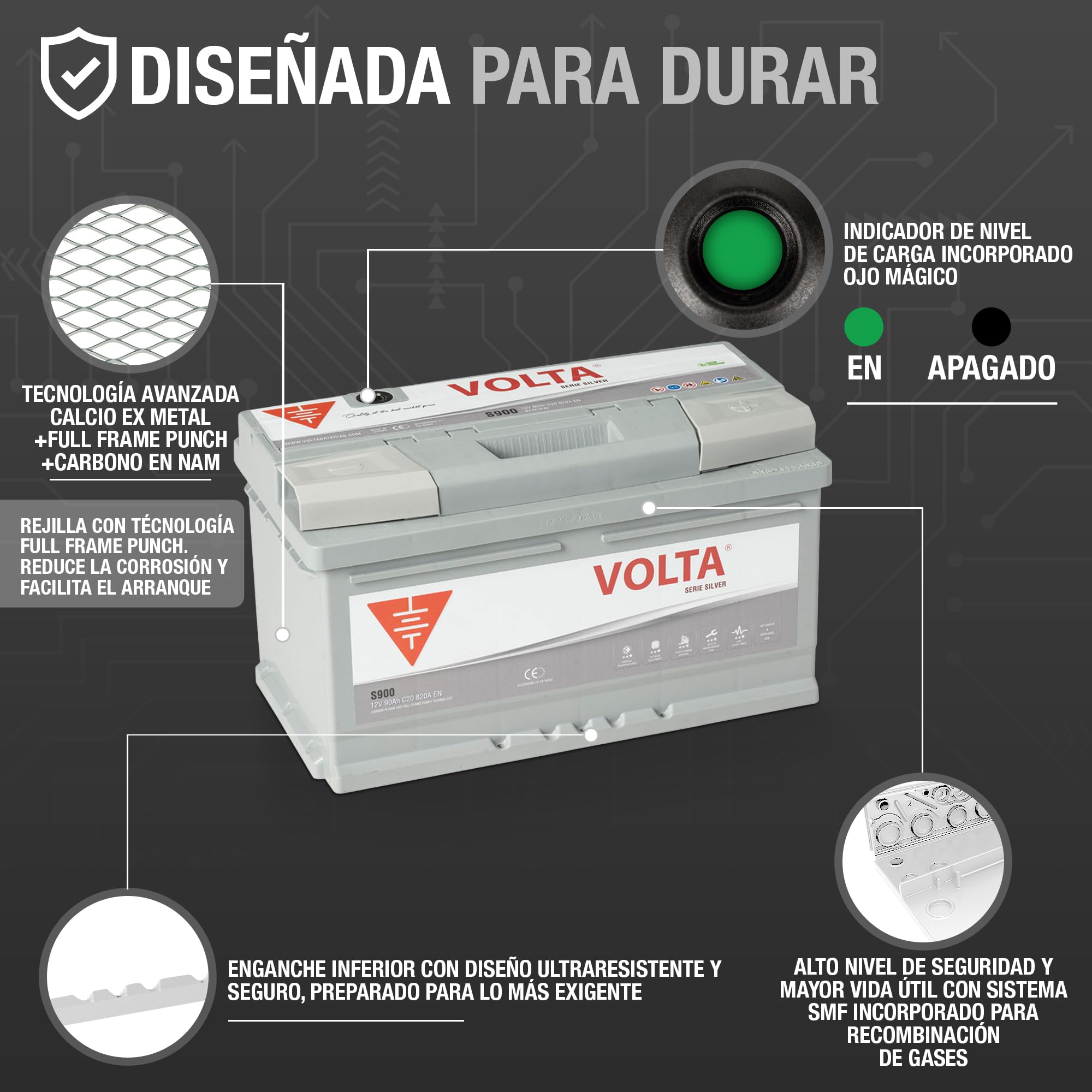 Bateria de Coche 90Ah 820A - Volta Silver S900D - Borne +Dcha - Medidas Largo 315 x Ancho 175 x Alto 175 mm con 2 años de Garantía - Fabricación Europea.