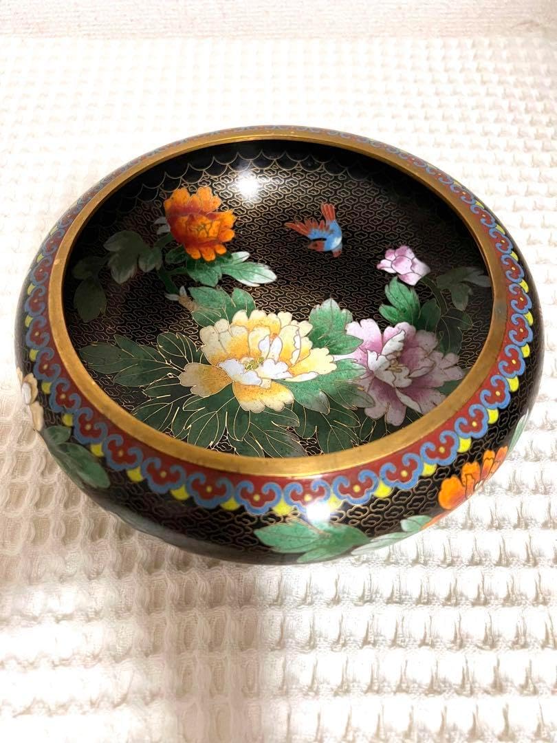 中國美術 古玩 景泰蓝 七宝焼　黒地花鳥蝶々紋様瓢箪　花器 京法造 中國美術 古玩 景泰蓝 七宝焼 黒地花鳥蝶々紋様瓢箪 花器 京法造
