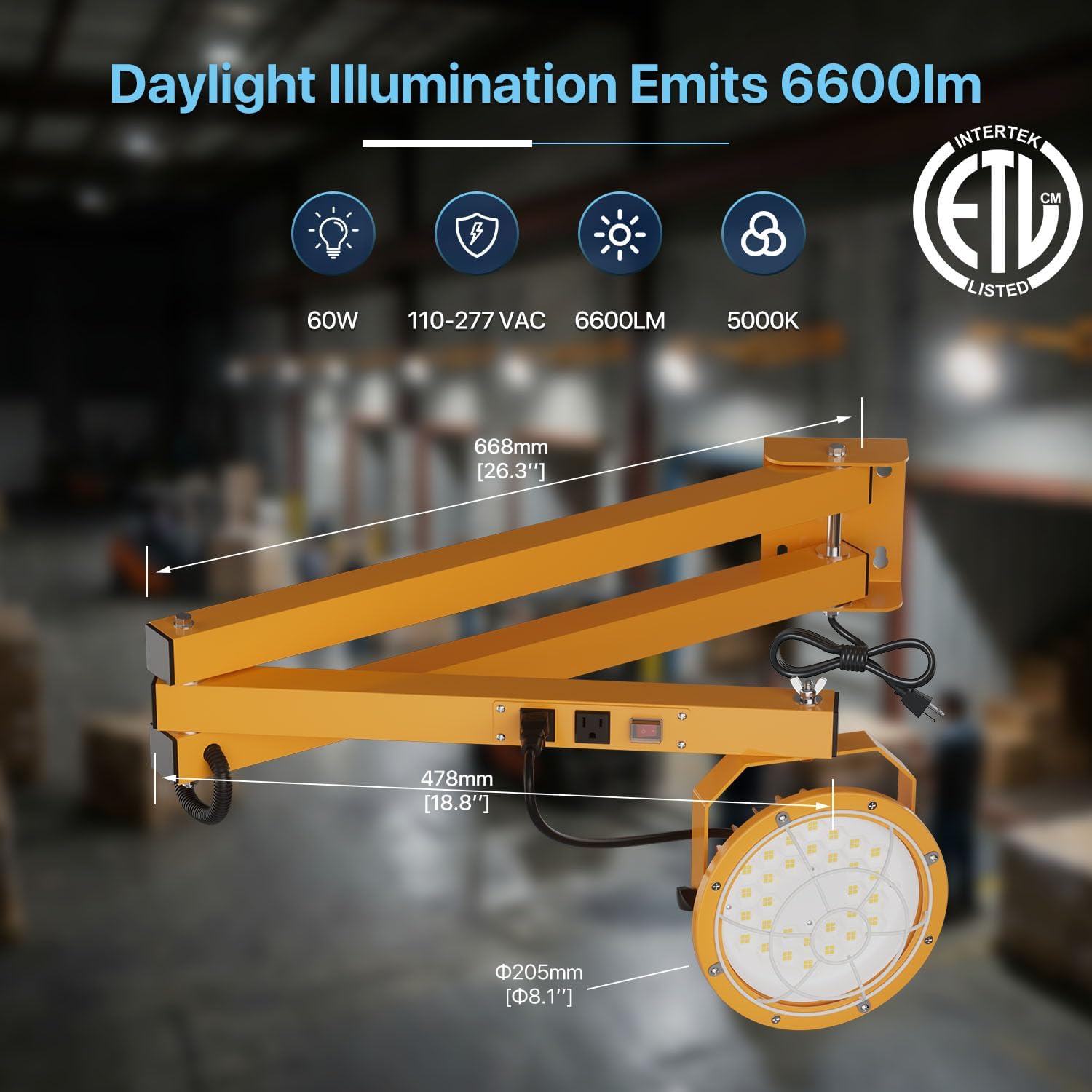 HYPERLITE LED Loading Dock Lights: 60W 6600lm LED Dock Light with 45'' Swing Folding Double Arm - 360° Rotatable LED Lamp Head - ETL Listed for Trailers Docks Warehouses Container image 5