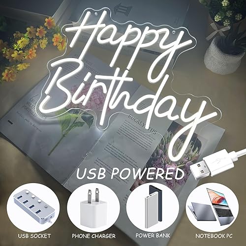 Vista 58 de Letrero de neón de feliz cumpleaños para decoración de pared, letreros de luz LED de neón rosa, decoración artística regulable, letrero de luz