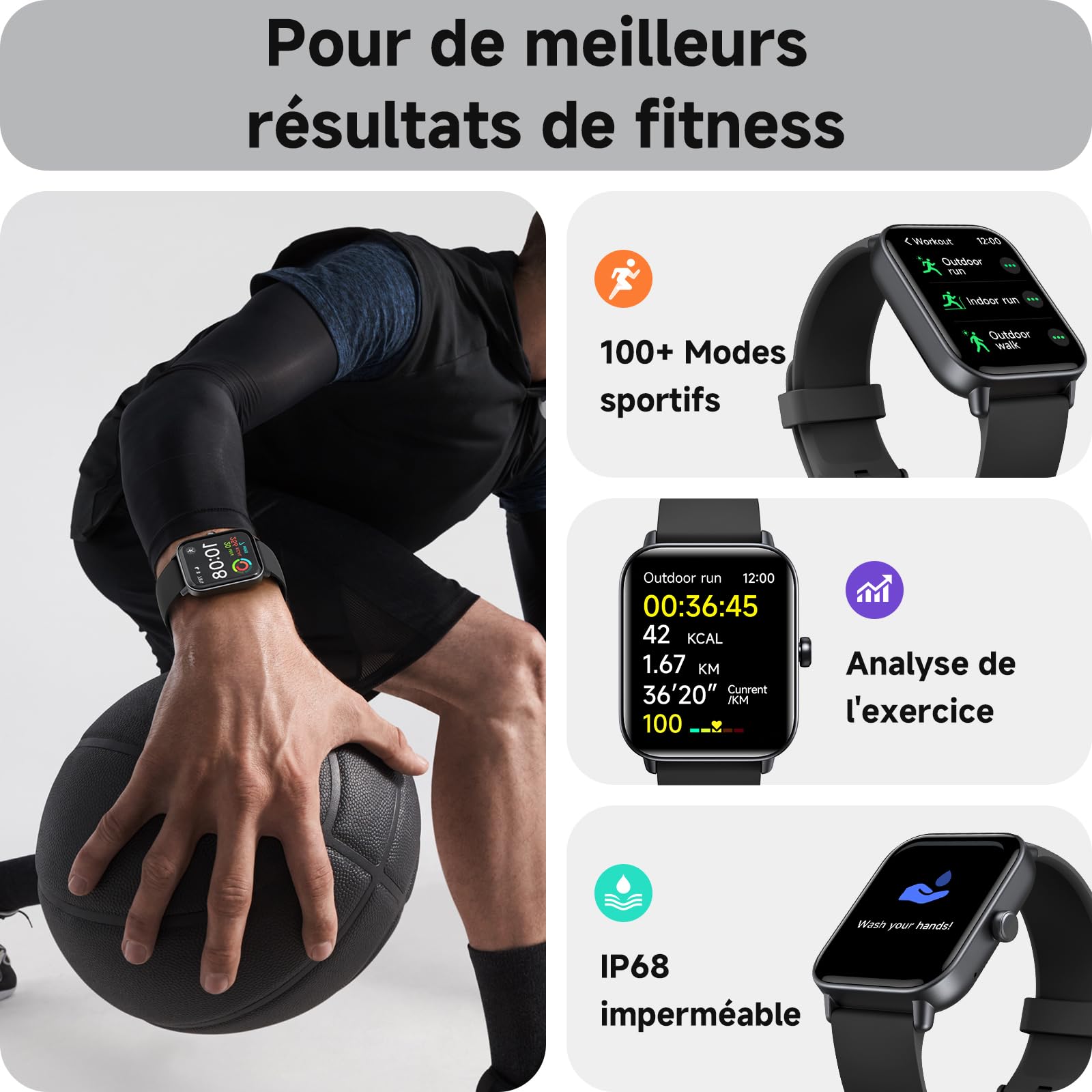 Montre Connectée Homme Femme avec Appel Bluetooth,1,85" Smartwatch avec Moniteur de Fréquence Cardiaque Sommeil,Montre de Sport 120+ Modes Podomètre Fitness Tracker,Montres pour Samsung/Android/iOS
