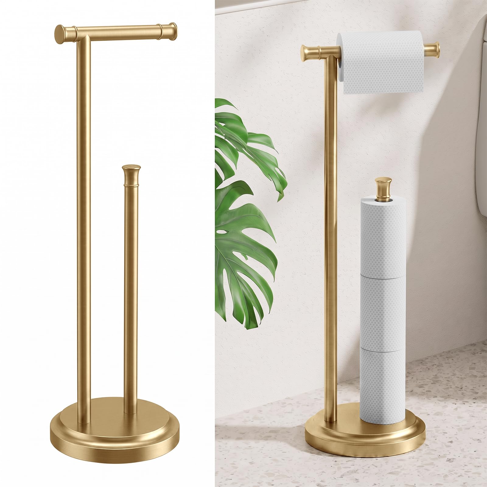 Hoimpro Toilet Paper Holder Stand Bathroom Free Standing Brushed Gold
