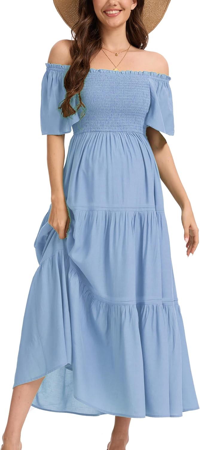 Women's Summer Ruffle Short Sleeve Maternity Maxi Dress Flowy Tiered A Line Photoshoot Baby Shower Dress - Image 2