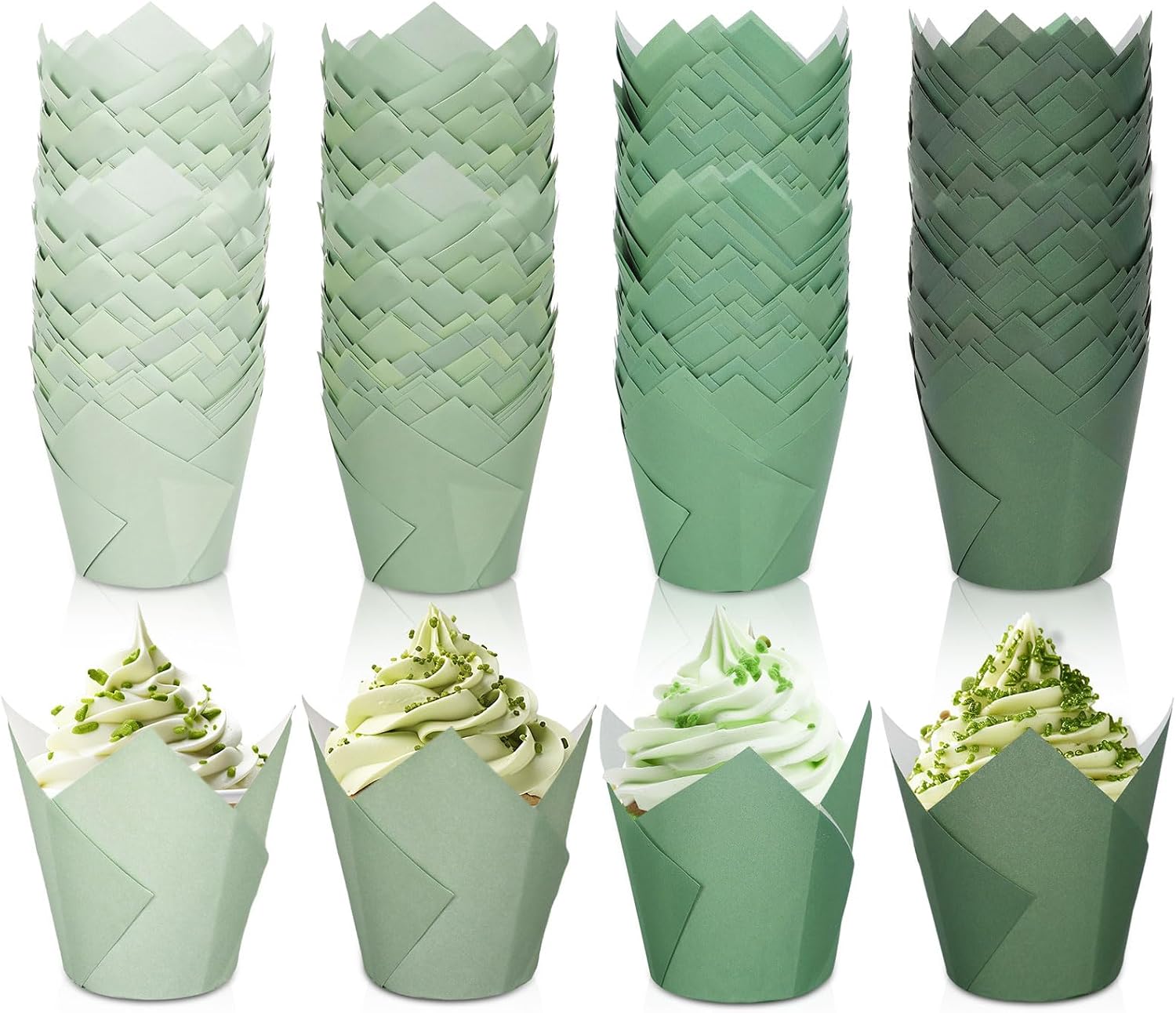 Whaline 400Pcs Sage Green Tulip Cupcake Liners Greaseproof Muffin Baking Liners Green Gradient Tulip Cupcake Wrappers Baking Cup for Bridal Baby Shower Wedding Birthday Party Decor
