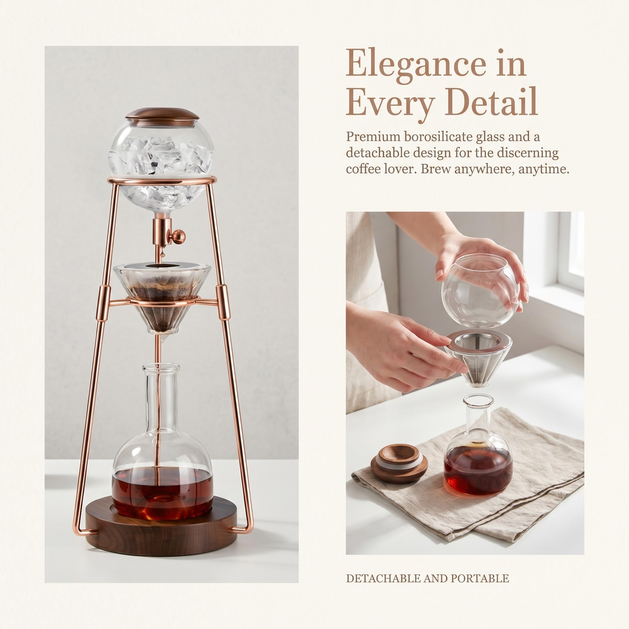 Macchina da caffè a birra fredda da 500ml, sistema di gocciolamento della torre con valvola di controllo della velocità.Premium Borosilicate Glass & Stainless Steel Stand.Design portatile per l'estraz