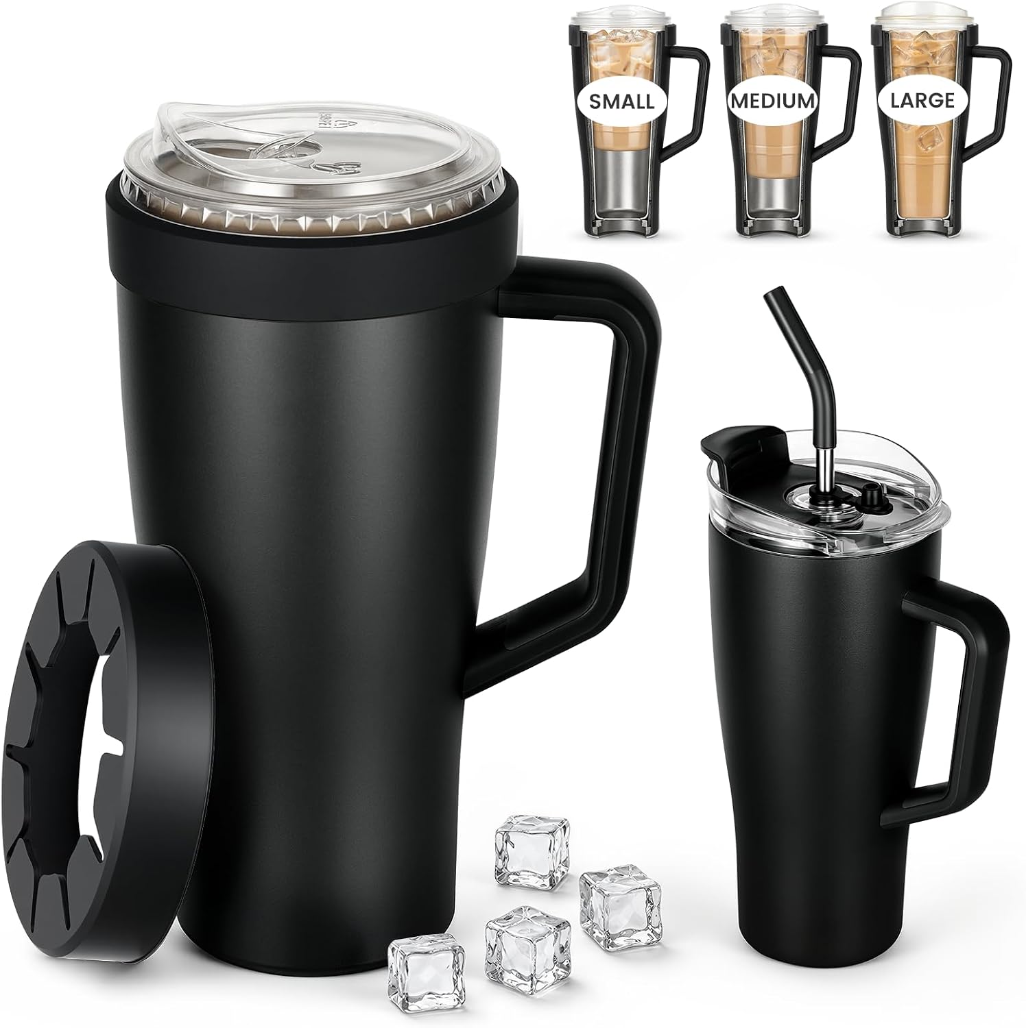 Universal Iced Coffee Sleeve Insulator, 28oz Stainless Steel To Go Tumbler Reusable 3-IN-1 Insulated Cup Holder Fits Most Disposable Cups Small Medium Large Cup - Black