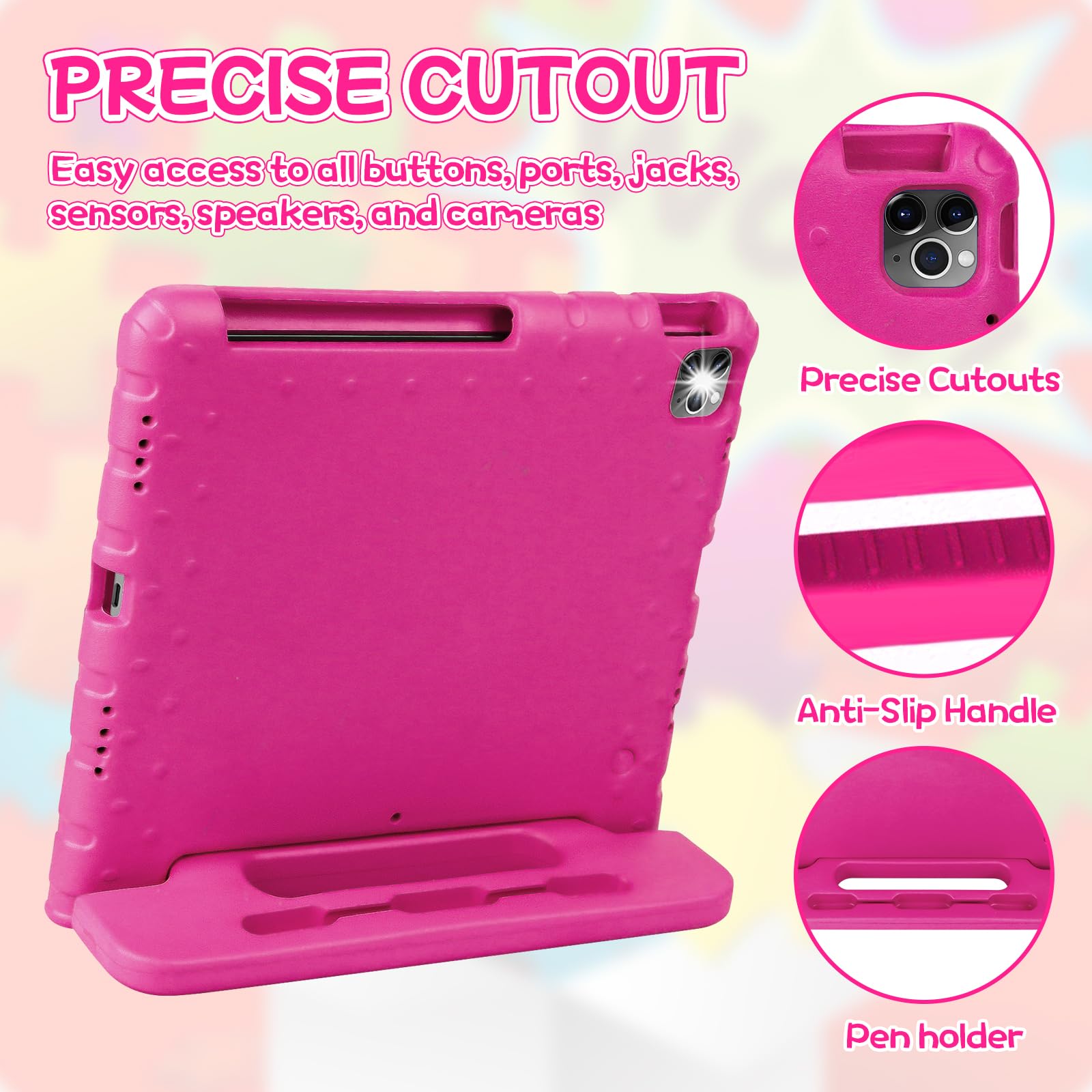 Étui pour enfants pour iPad Pro 12,9", super protection pour iPad Pro 12,9", 6e, 5e, 4ème, 3ème avec porte-crayon et poignée de support pour iPad Pro 12.9 2022 2021 2020 2018 rose rouge