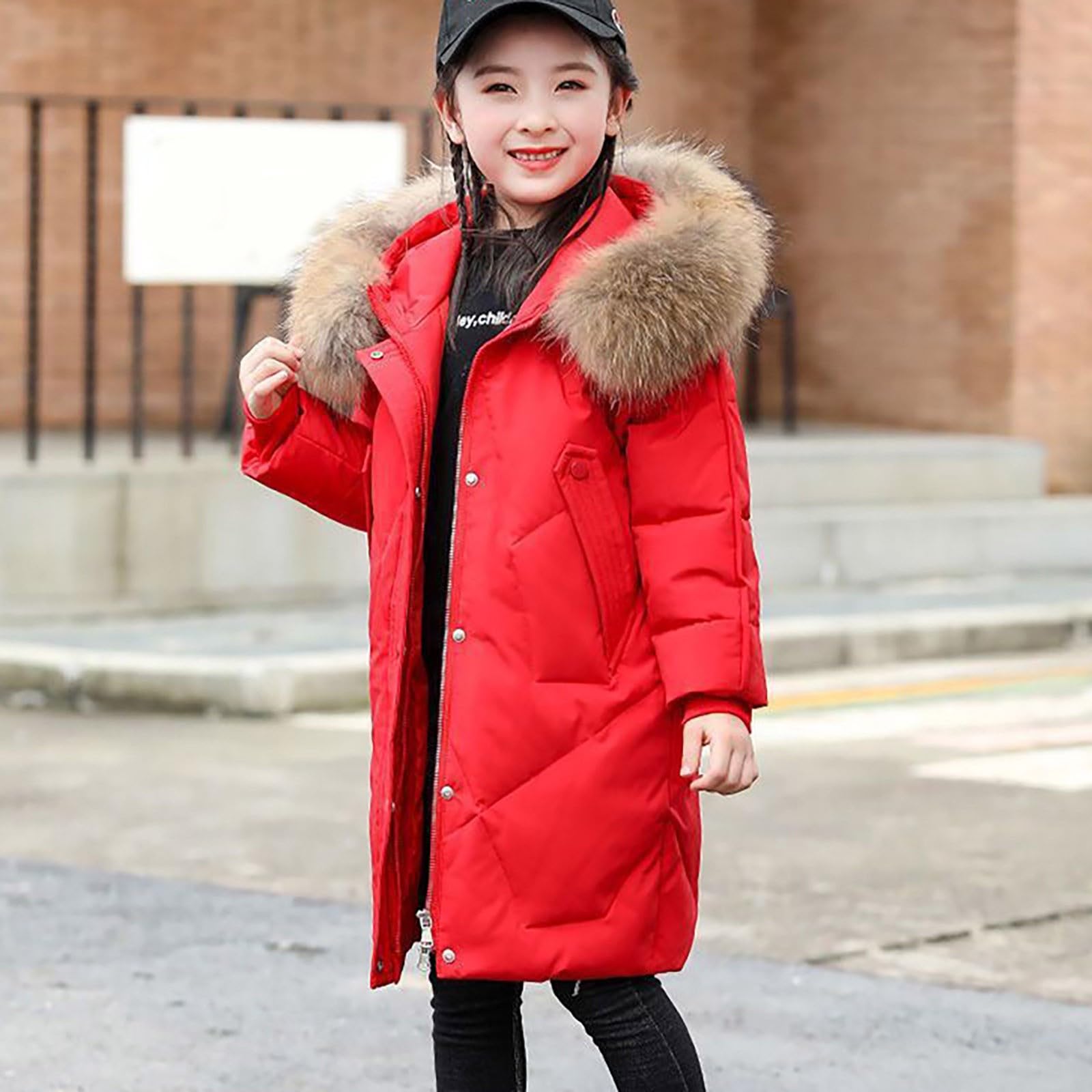 Clearance UK - Abrigos para niñas, abrigo largo de invierno con capucha de piel sintética para niñas pequeñas, chaqueta acolchada con cremallera y capucha, resistente al viento, forro polar