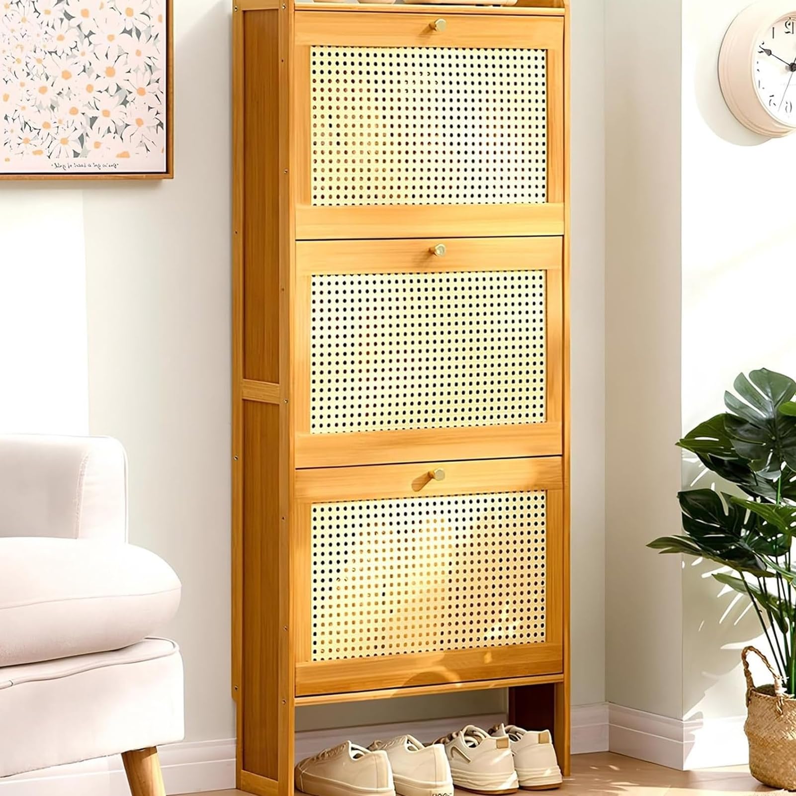 Bambusowy stojak na buty 2/3 drzwi, wąski schowek wejściowy, na zewnątrz, zamknięta szafka na buty, głębokość 50 cm, stylowy uchwyt na obuwie do domu i wejścia.