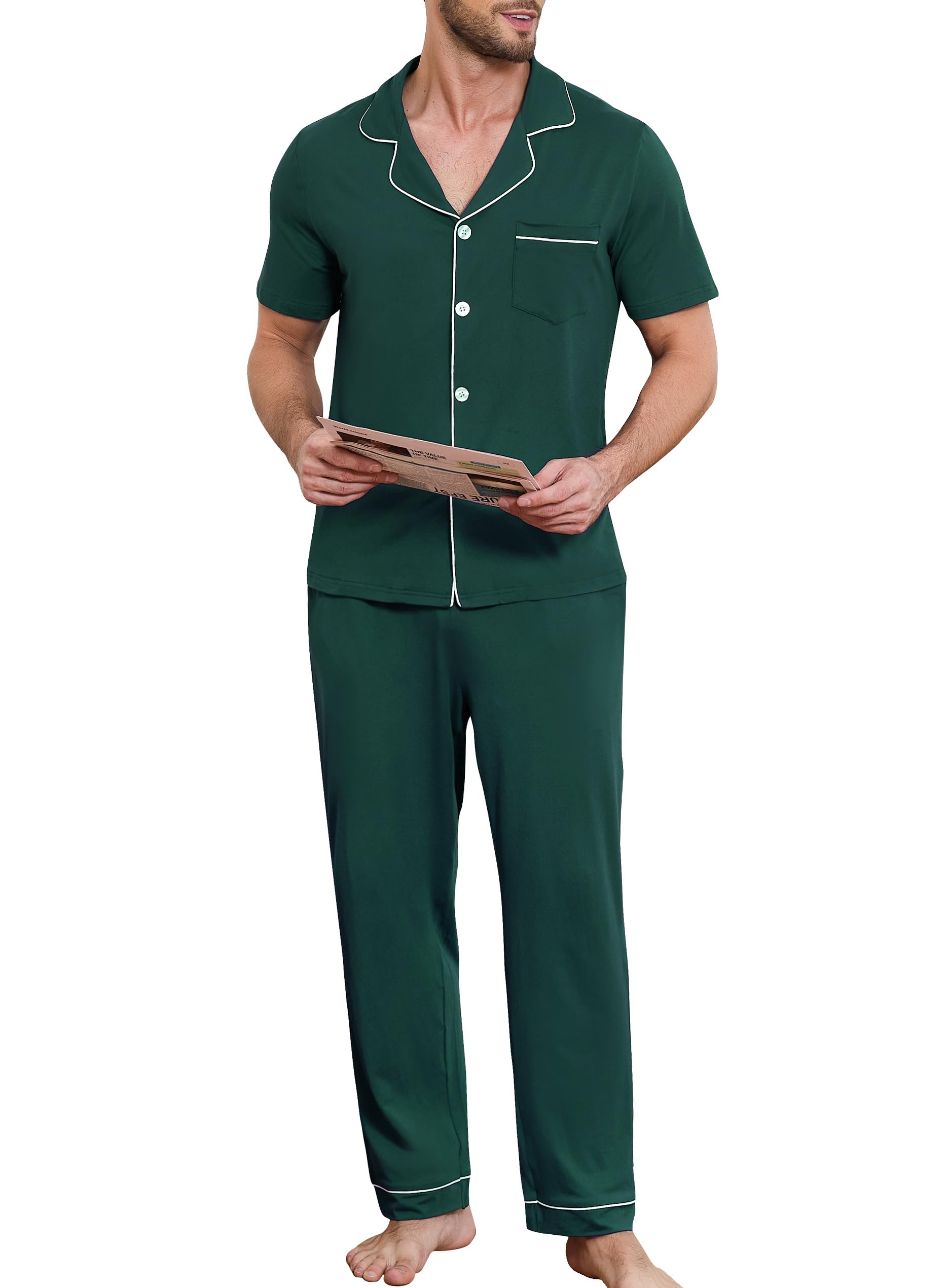 Lovasy Schlafanzug Herren Lang Baumwolle Pyjama Set mit Knöpfen Kurzarm Schlafanzüge für Herren Zweiteiliger Loungewear Hausanzug mit Taschen