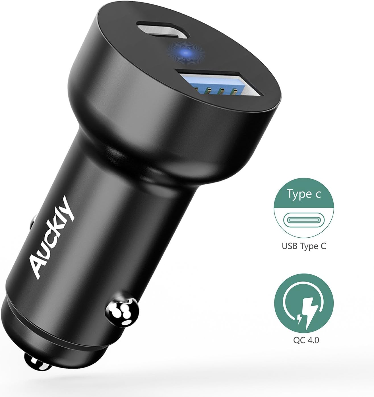 Auckly USB Type C Car Charger, Metal Dual Port QC 3.0 Car Charger Adapter with Type-C+PD, Quick Charge 3.0 Car Charger Plug with PD for iPhone 8/X, Galaxy, HTC, Huawei, Google Pixel/XL etc (Blue)