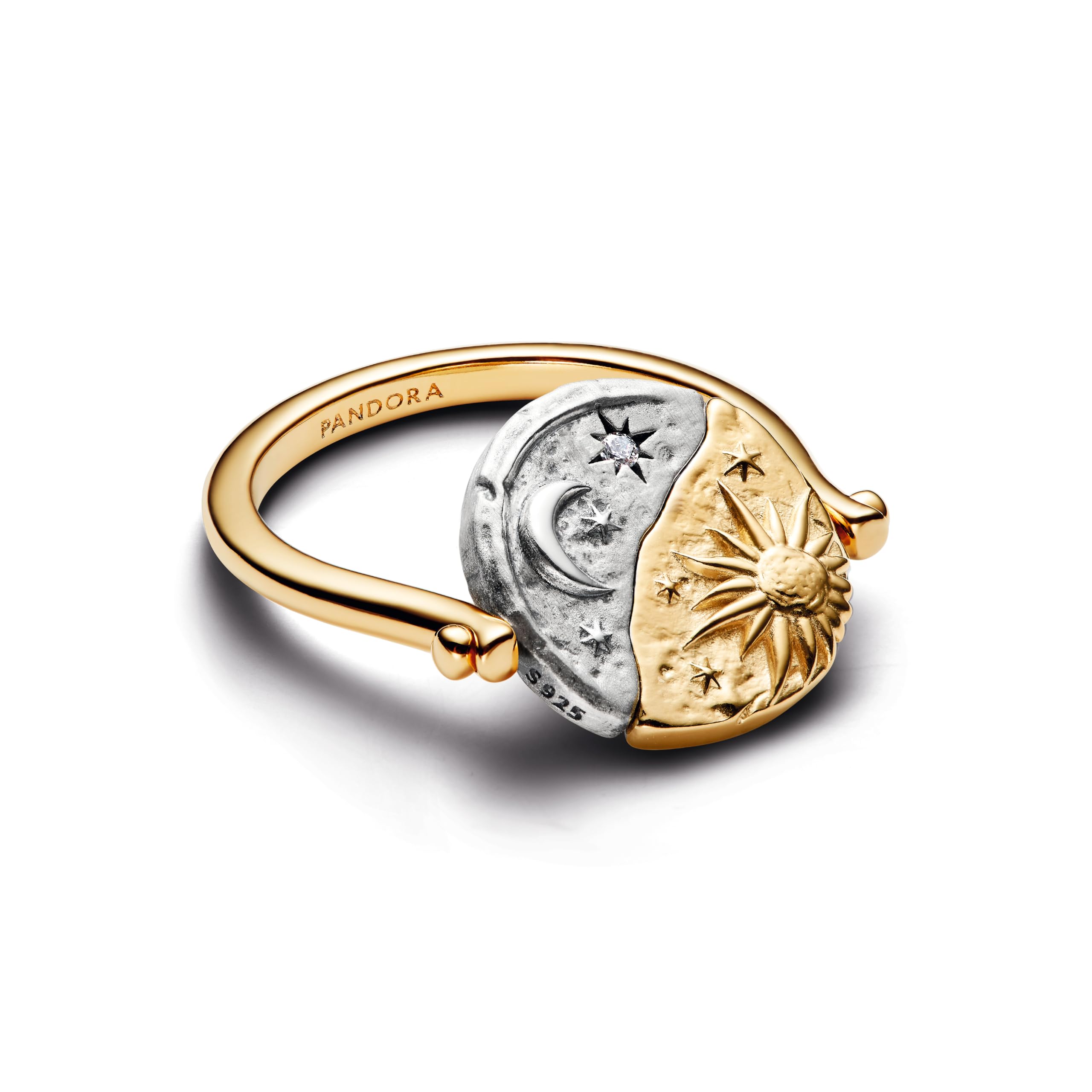 PANDORA Anello con medaglione reversibile con sole e luna, in argento Sterling placcato oro 14 carati e zirconi, 164810C06