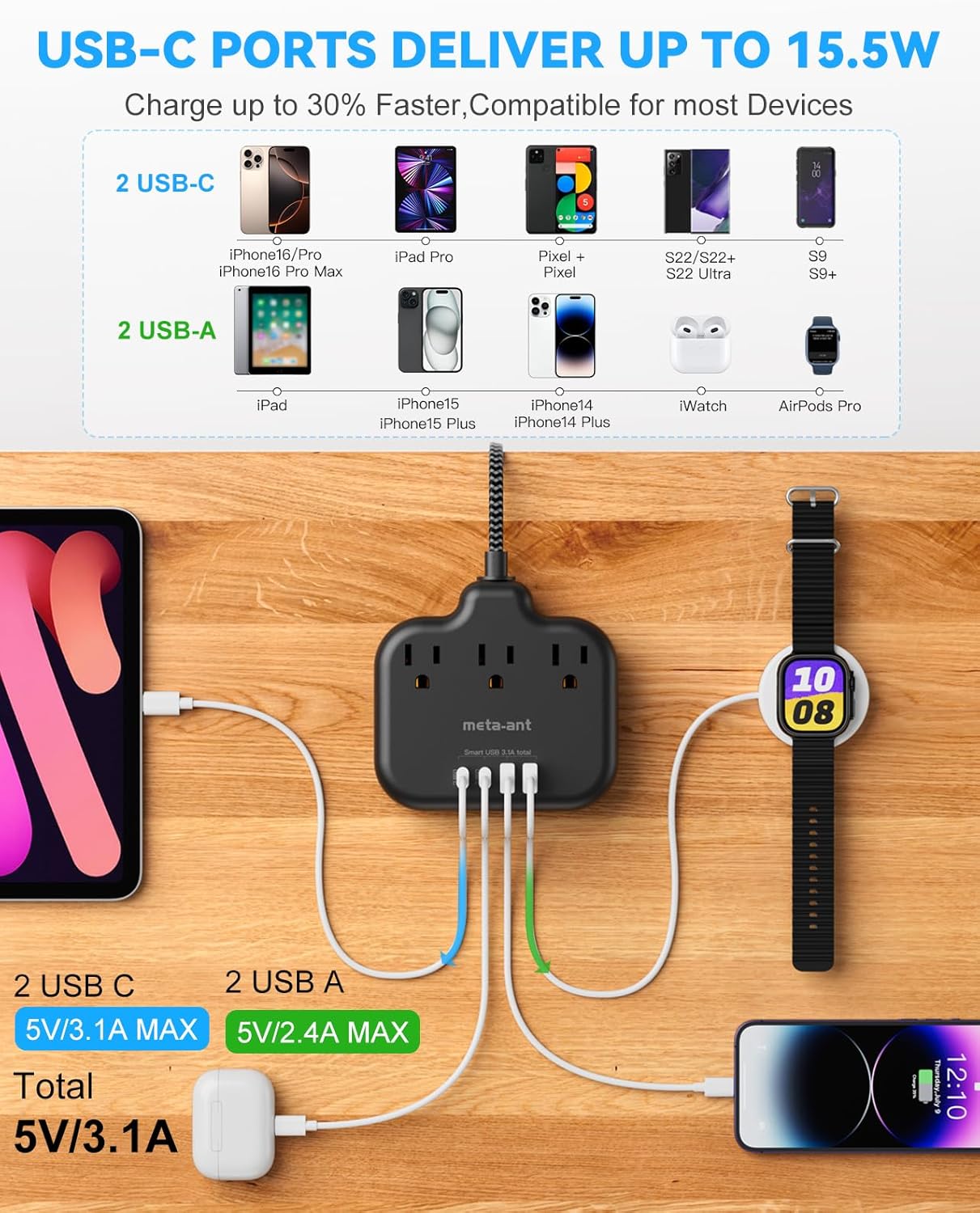 10FT Cruise Approved Power Strip with USB C - Black Flat Plug Extension Cord with 3 Outlets & 4 USB Ports (2 USB-C), No Surge Protector for Cruise, Kitchen, Bathroom, Travel
