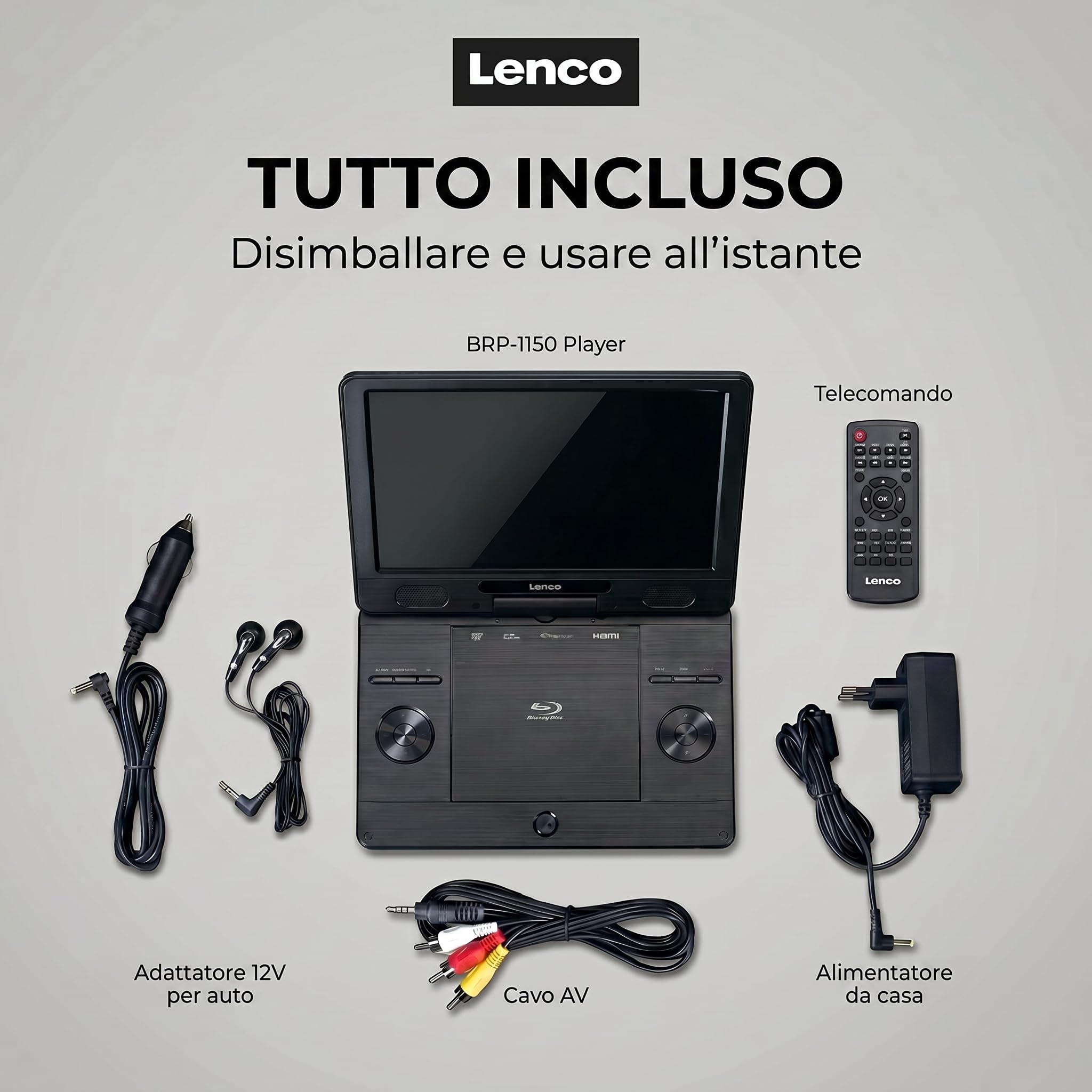 Lenco BRP-1150 Lettore DVD portatile Blu-Ray Schermo TFT 11,5" 1024x600 Pixel Batteria integrata Nero