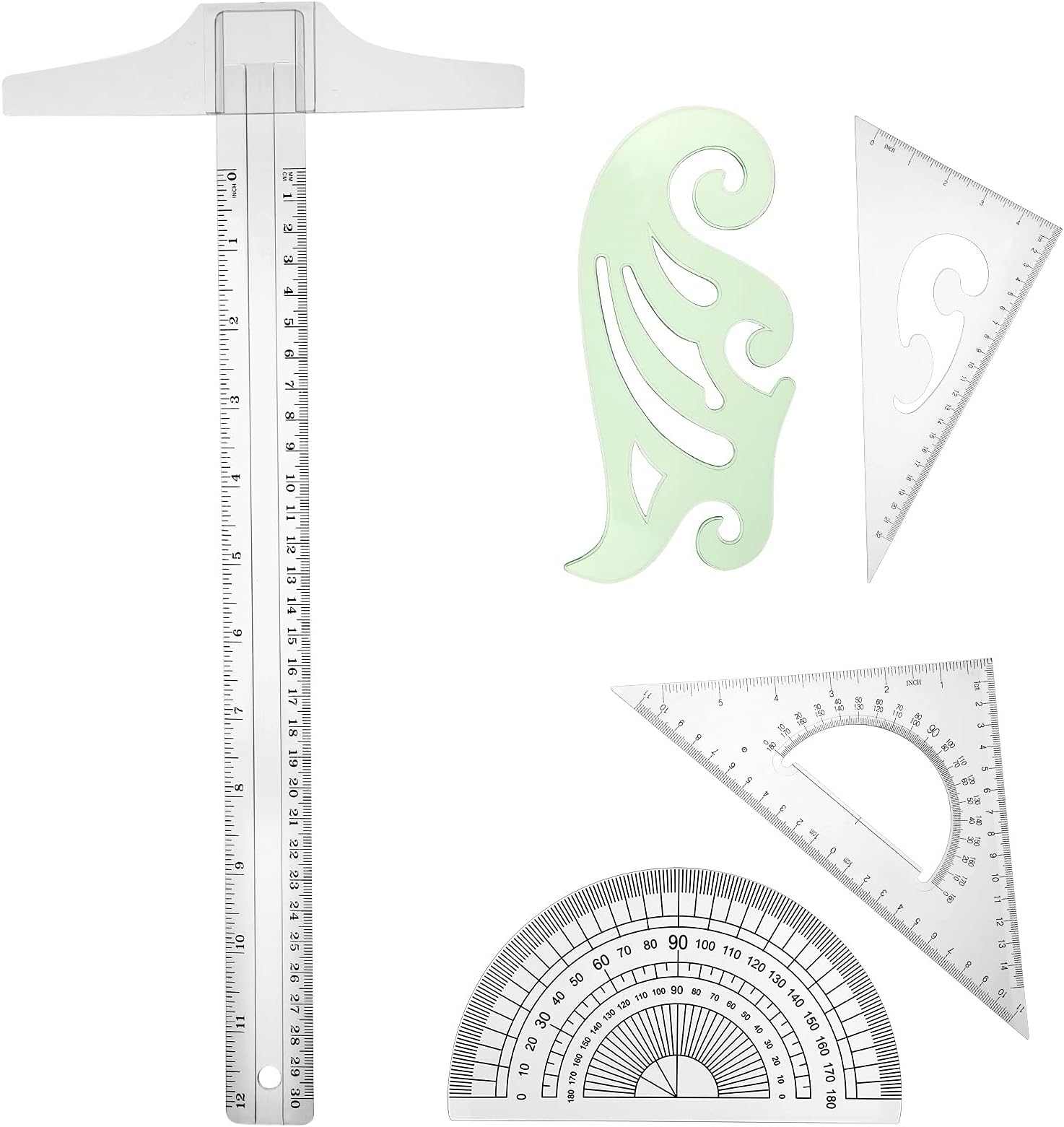 Frienda 5 Pieces Drafting Tools Plastic Transparent Rulers Drawing Ruler 12 Inch T-Square 180 Degree Protractor, 2 Triangles and a French Curve for Students and Engineering Drawing