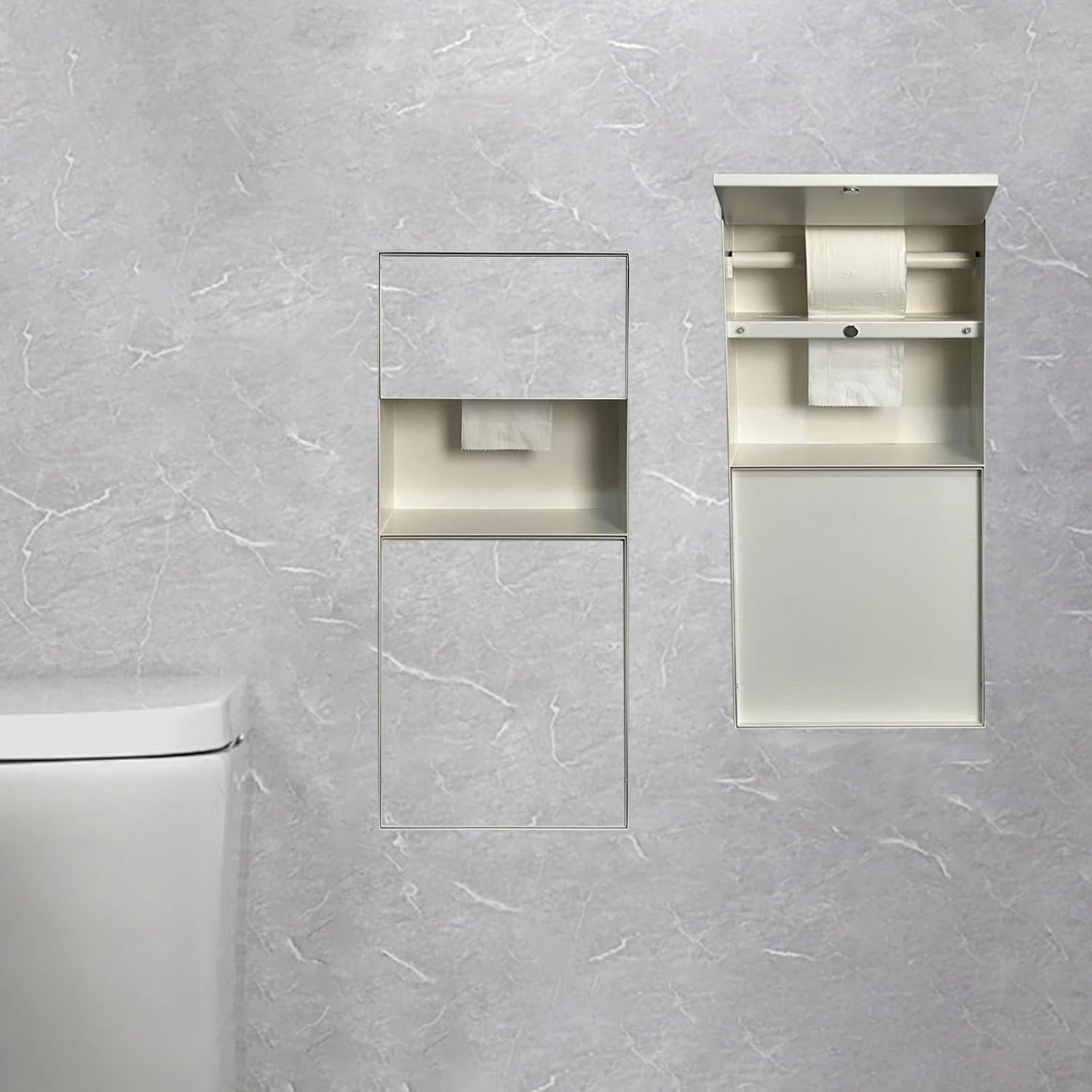 Recessed Wall Niche with Removable Trash Can Rack & Stainless Steel Toilet Paper Holder, Space-Saving Storage Solution (White, 8.4x25.7x5.3in)