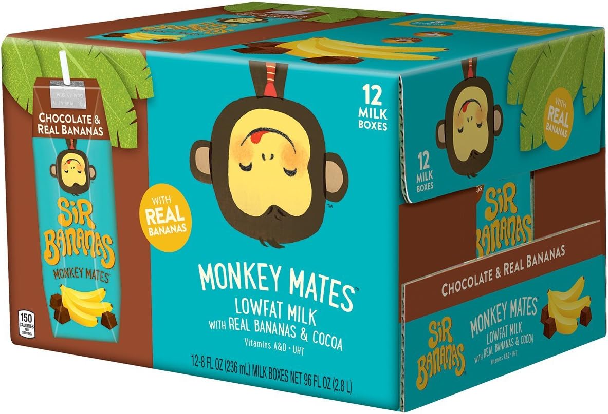 Sir Bananas Monkey Mates, Chocolate Bananamilk, 8 oz (6 ct), Low Fat Milk with Real Bananas and Cocoa in Individual, Single Serve Milk Box Cartons Ready to Drink, with 8 Grams of Protein