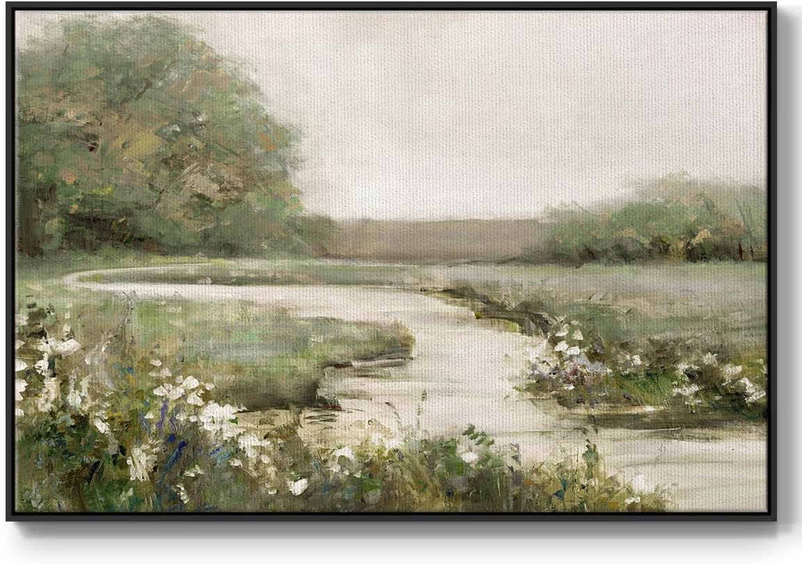Renditions Gallery Nature Wall Art for Home Quiet Path Misty Morning Floater Framed Canvas Paintings for Bedroom Office Kitchen - 17"X25" Black Frame GAL007