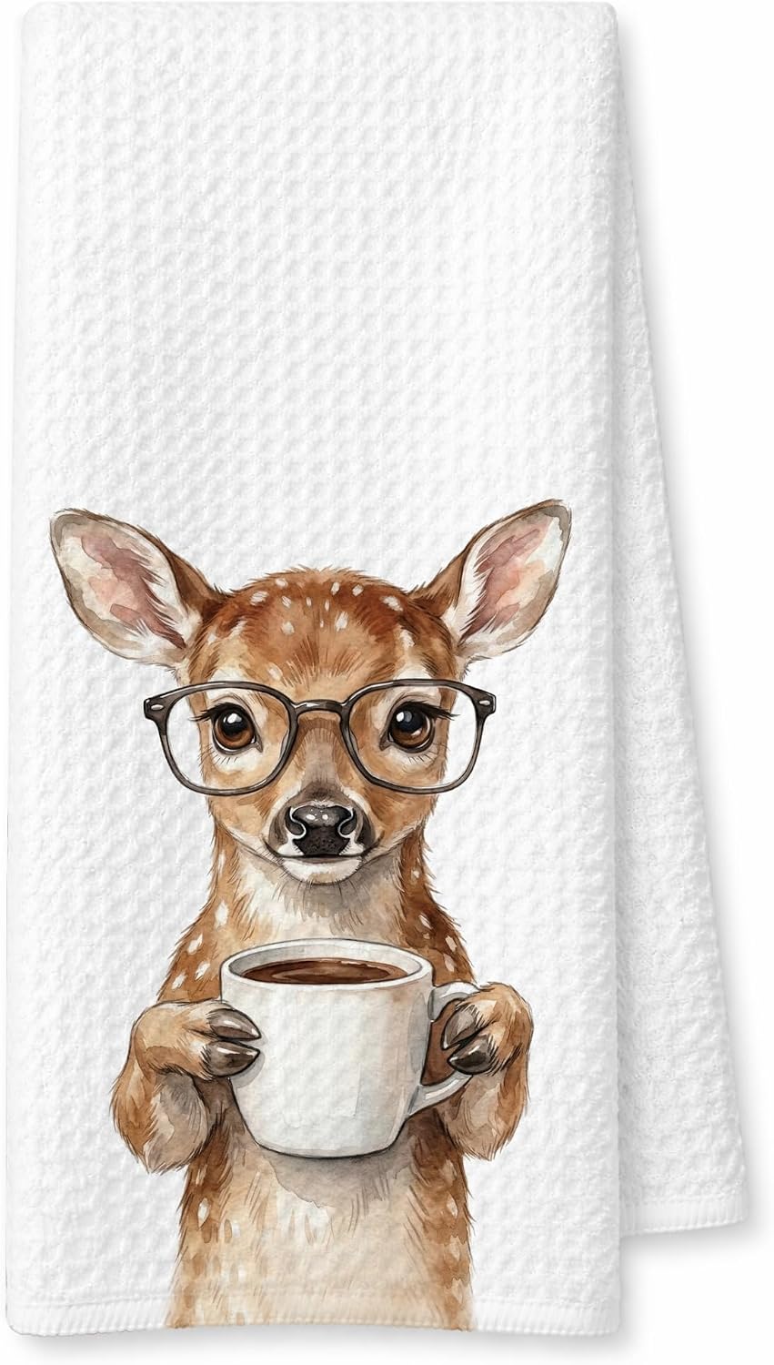 Deer Gift Kitchen Towels, Baby Fawn Gifts for Girls Mom, Glasses Coffee Lovers Decor Hand Towel for Home Bar Decoration, Woodland Animal Art Dish Wash Cloth 16x24 Inch