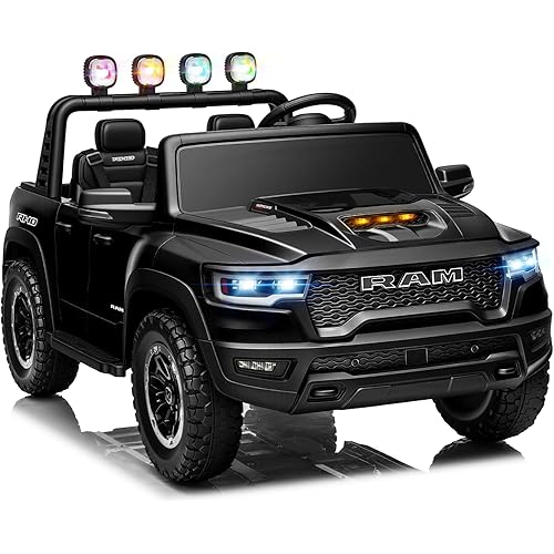 First Ride On 24V RAM 1500 RHO Ride On Truck for Big Kids, 2-Seater Electric Vehicle w/Parent Remote Control, Ride on Car w/Bed Storage, Bluetooth Music, 4-Wheel Spring Suspension (Black)