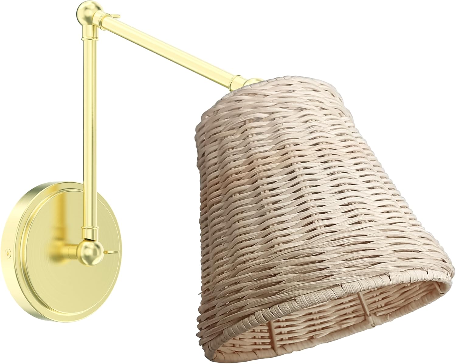 7" Swing Arm Wall Lamp, Hand Woven Rattan Wall Sconce,Hardwired Wall Mounted Light Fixture for Bedroom Living Room Bedside (Brushed Gold)