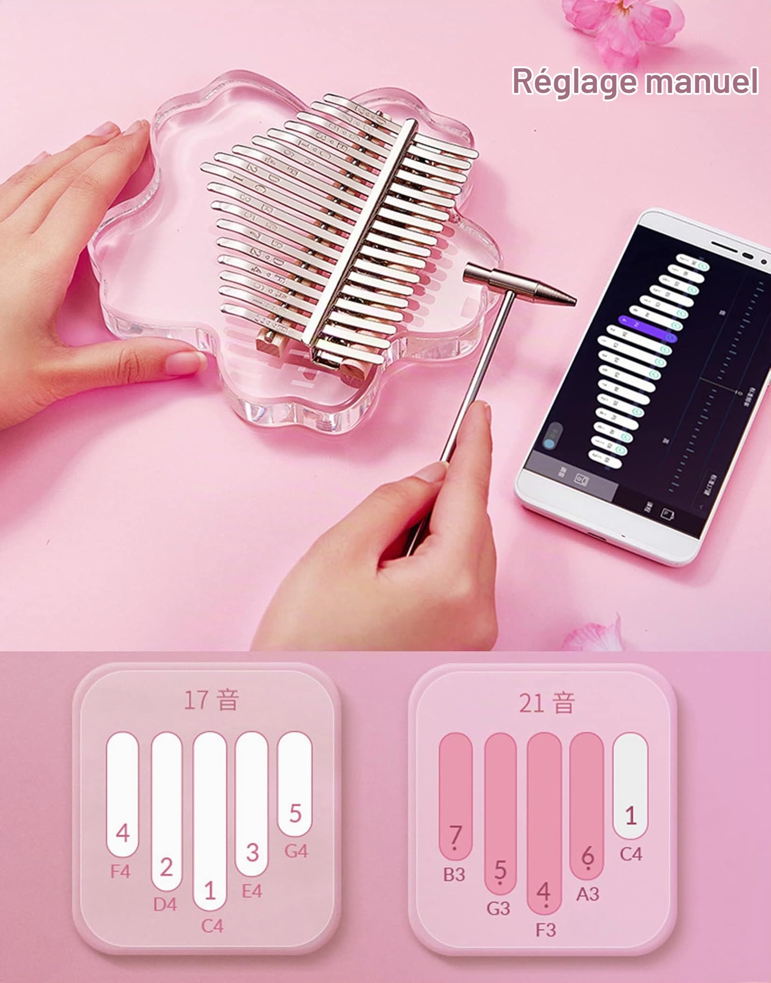 BOTOWI Kit Complet de 21 Touches de Kalimba Transparent, Kalimba Cristal Transparent 17 Touches avec étui de Protection EVA, Instruments de Musique Professionnels Cadeau de Noël,Pink 17 Keys