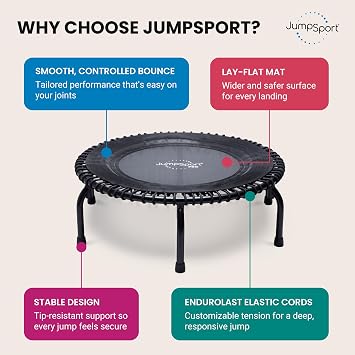 JumpSport 350 PRO 39 Inch Fitness Trampoline Indoor Rebounder Cardio Workout Equipment 300 lb Capacity