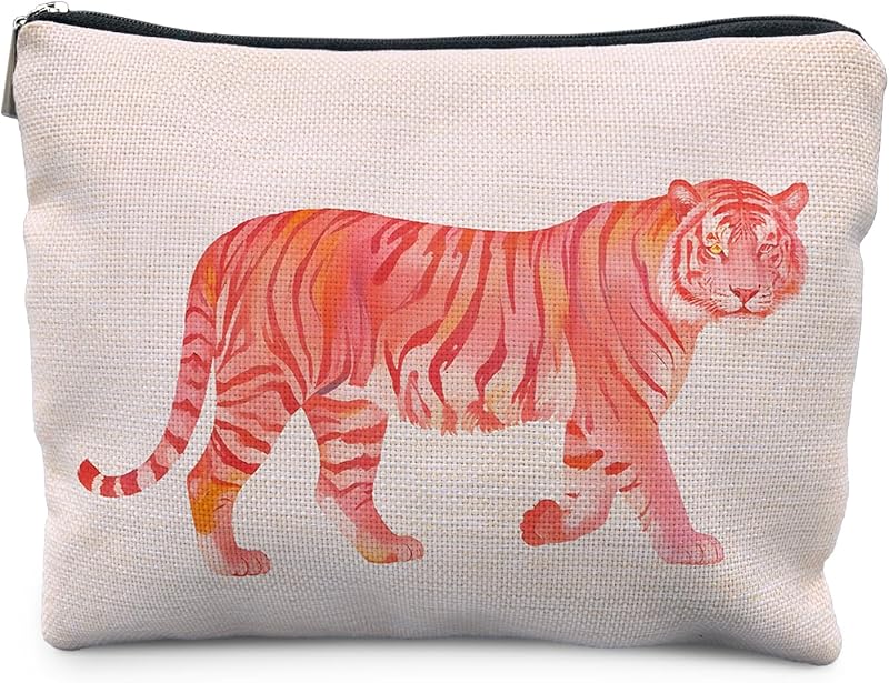Necessaire de maquiagem Likjad com estampa de tigre, fechamento por zíper, PINK01, Pacote com 1