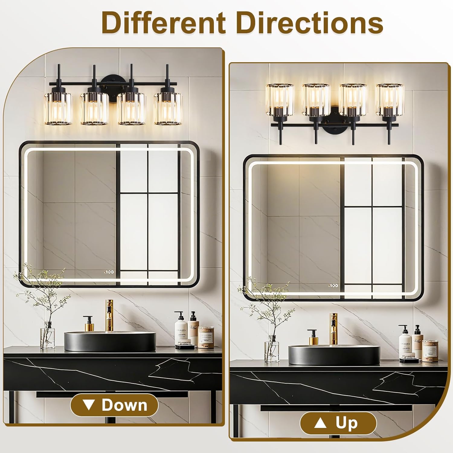 4 Light Round Crystal Vanity Lights, Modern Black Crystal Wall Light Bath Mirror Light Fixture Over Mirror Bathroom Wall Sconces for Bathroom Living Room