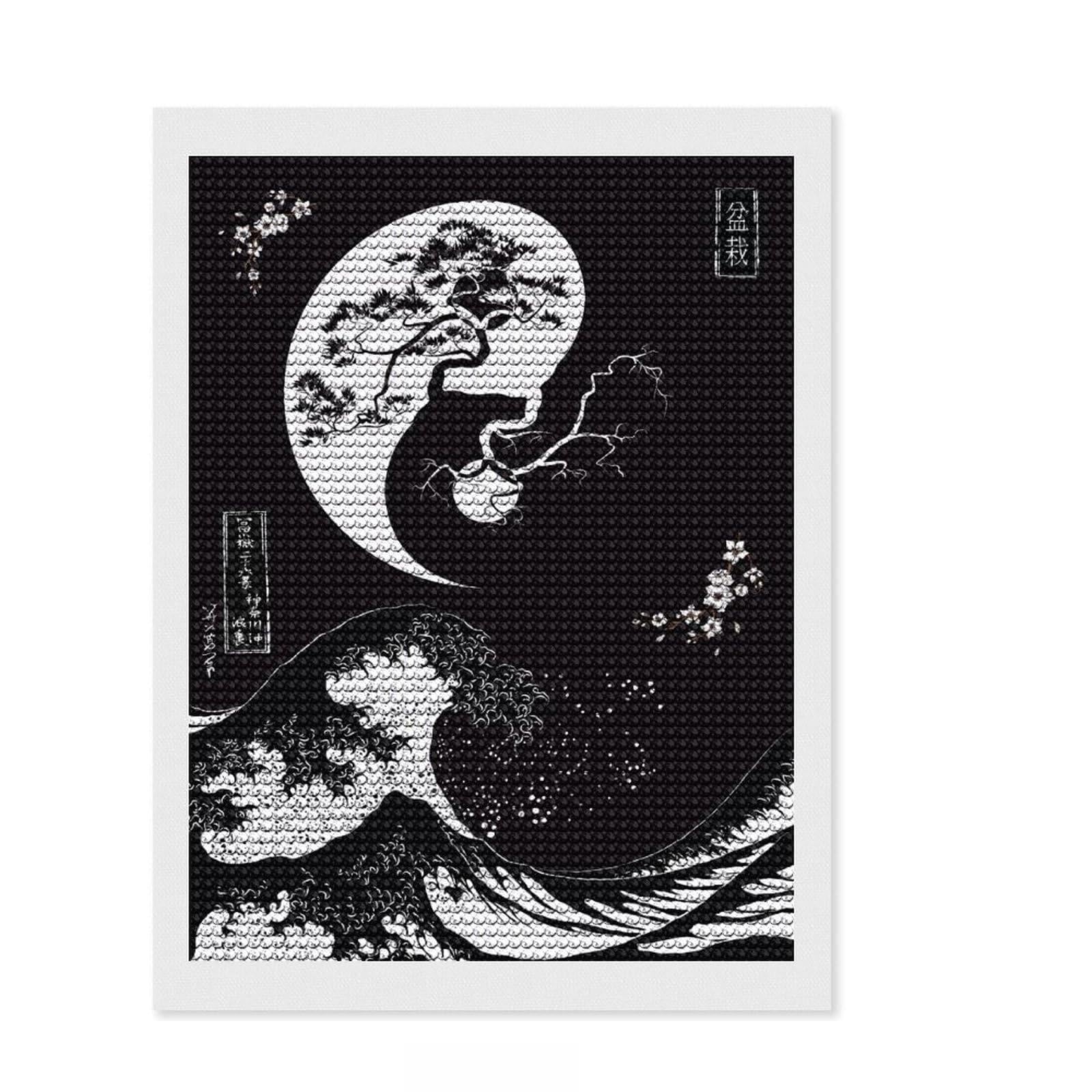 Junmoney Bonsai Tree Yin and Yang Diamond Painting Set 12"x16", for Beginners, Stress Relief Craft, Home Wall Decor, Holiday Gift Idea, Printed Canvas