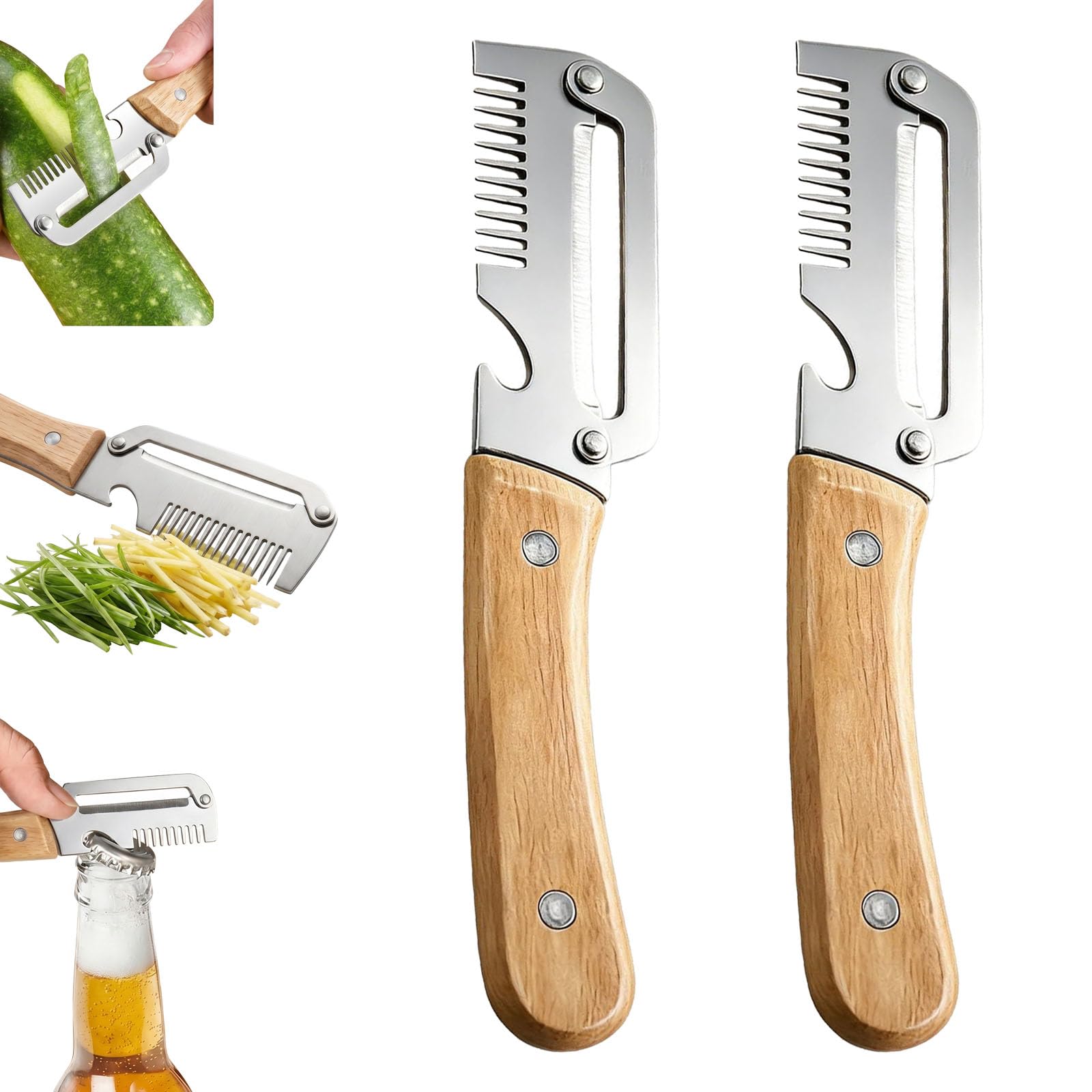 3-in-1 Multifunctional Vegetable Peeler, Upgrade Zero Snag Wooden Kitchen Tool, Stainless Steel Peeler with Wooden Handle for Shredding, Opening Bottles, Vegetables, and Fruits (2 pcs)