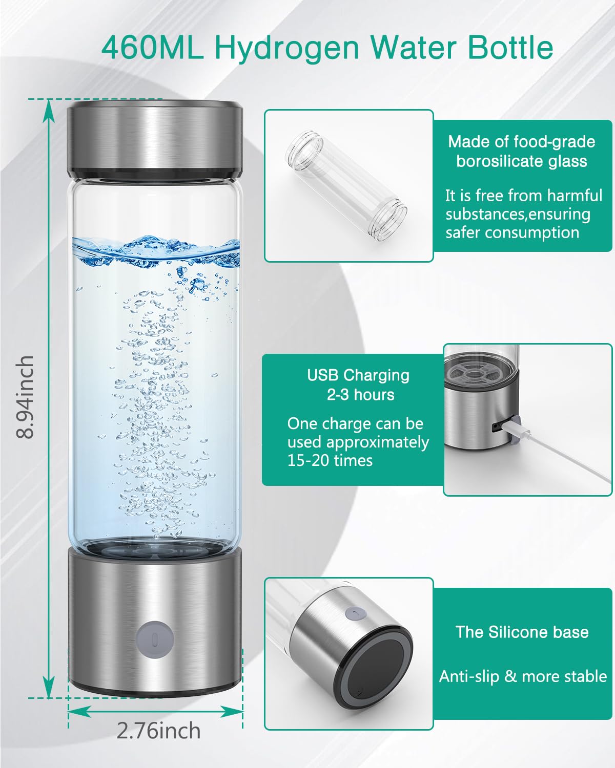 ORIA Bouteille Hydrogène Portable 460 ml, Technologie SPE/PEM | Électrolyse Rapide en 3 Min, Verre 1600 PPB, pour Bureau, Salle de Sport, Voyages