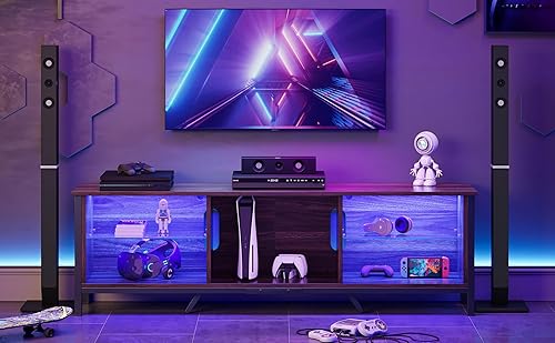 Miniatura 5 de Bestier Soporte de TV de 70 pulgadas con luz LED, moderno centro de entretenimiento para juegos con estantes de vidrio desmontables para PS5,