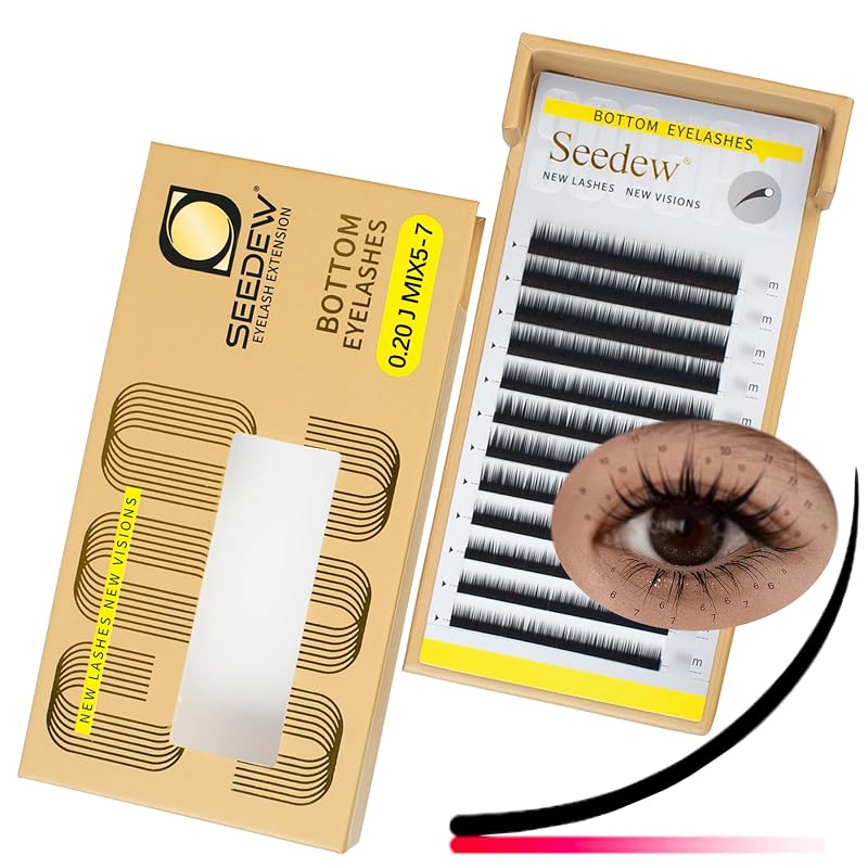 Extensões de cílios inferiores Seedew, 0,20 mm, curvatura J, mix de 5 a 7 mm, 12 fileiras, preto fosco