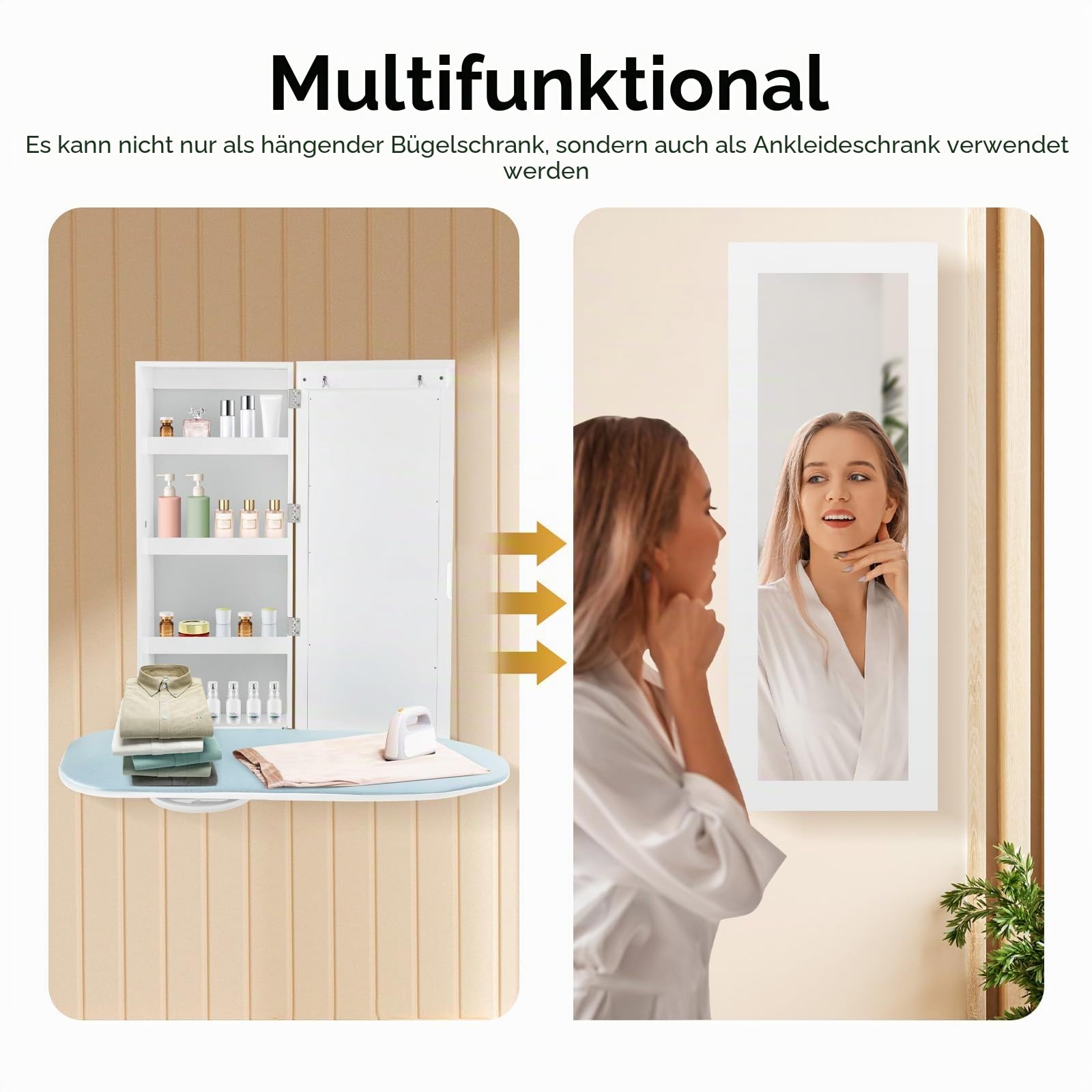 Wall Mounted Ironing Board Cabinet, Bügelbrett Schrank, 180° schwenkbare Metallbasis & Spiegel, klappbar und versteckt, platzsparend
