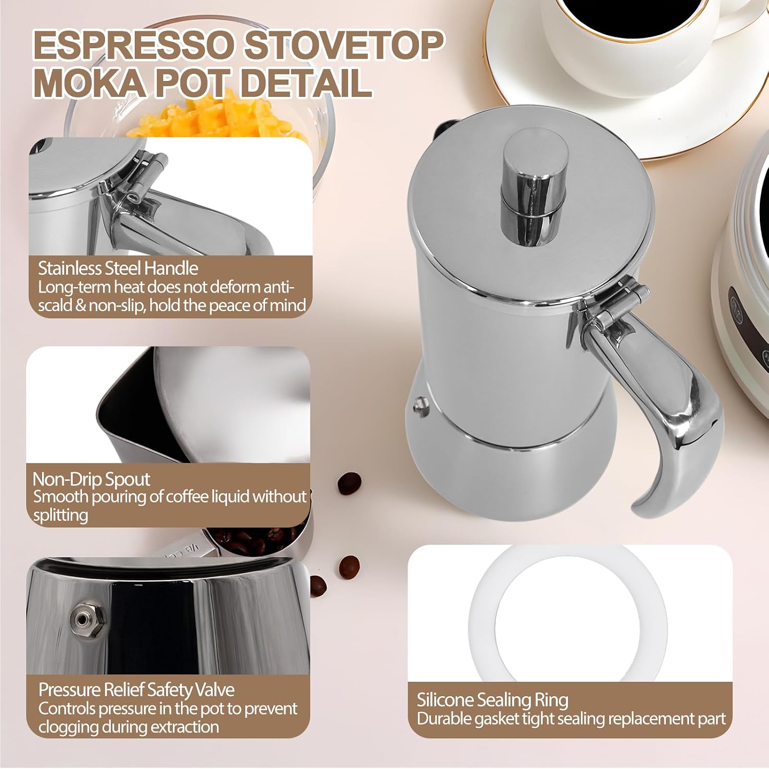 304 Thickened Stainless Steel Uncoated 12 Cup Moka Pot Coffee Maker Stovetop Espresso Coffeemaker Italian Classic Brewing Greca Cafe Mocha for Cafeteras Camping Travel Home 600ml 20oz