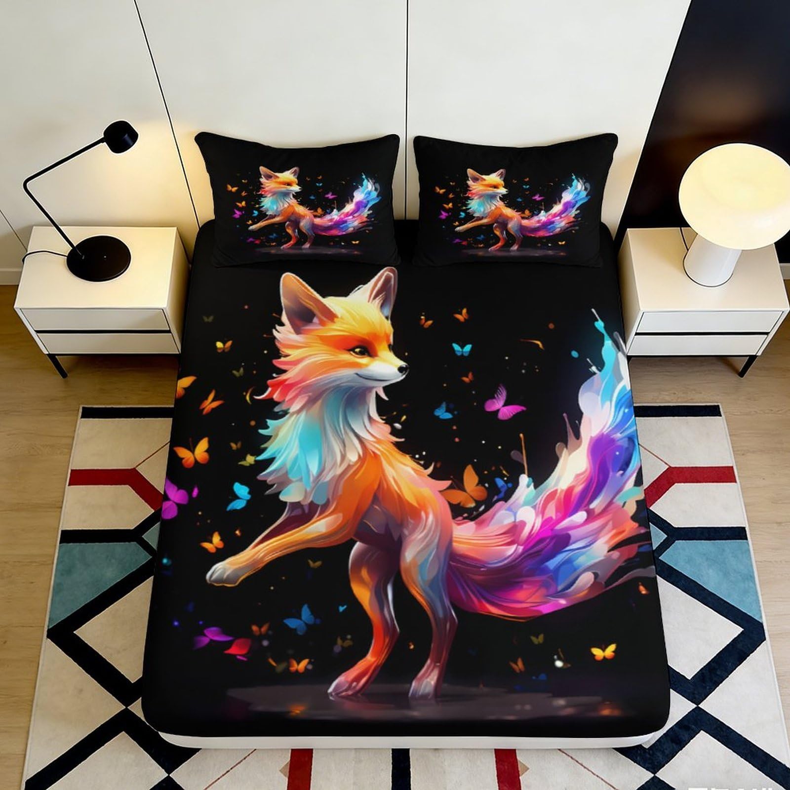 3D Printed Colorful Fox Fitted Sheet Microfiber Soft Vibrant Butterfly Bed Cover for Bedroom Dorm Mattress Protection Decor 90x200x25cm