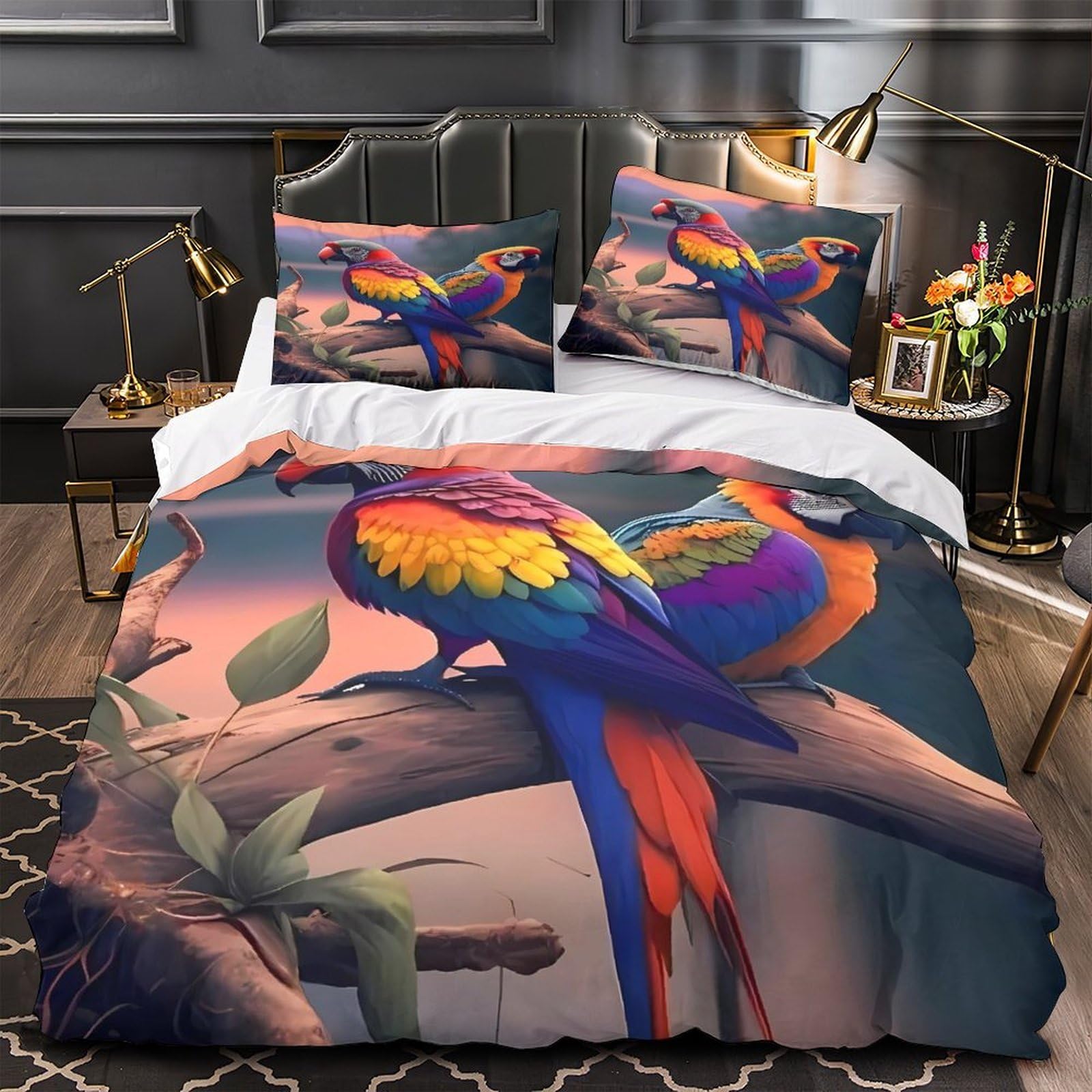 Housse de couette perroquets colorés 3D 135x200cm en microfibre avec parure de lit